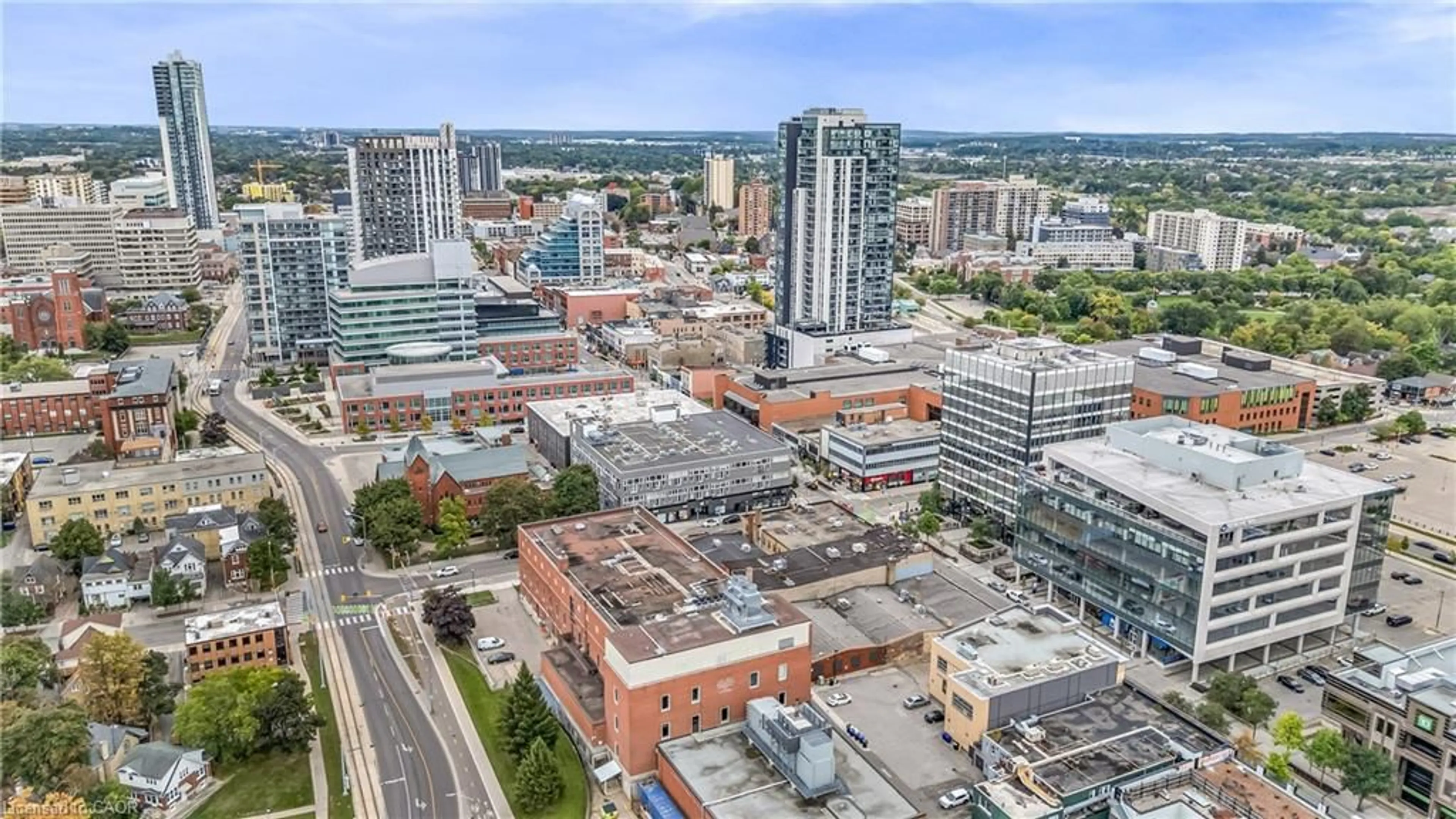 A pic from outside/outdoor area/front of a property/back of a property/a pic from drone, city buildings view from balcony for 1 Victoria St #806, Kitchener Ontario N2G 1G1