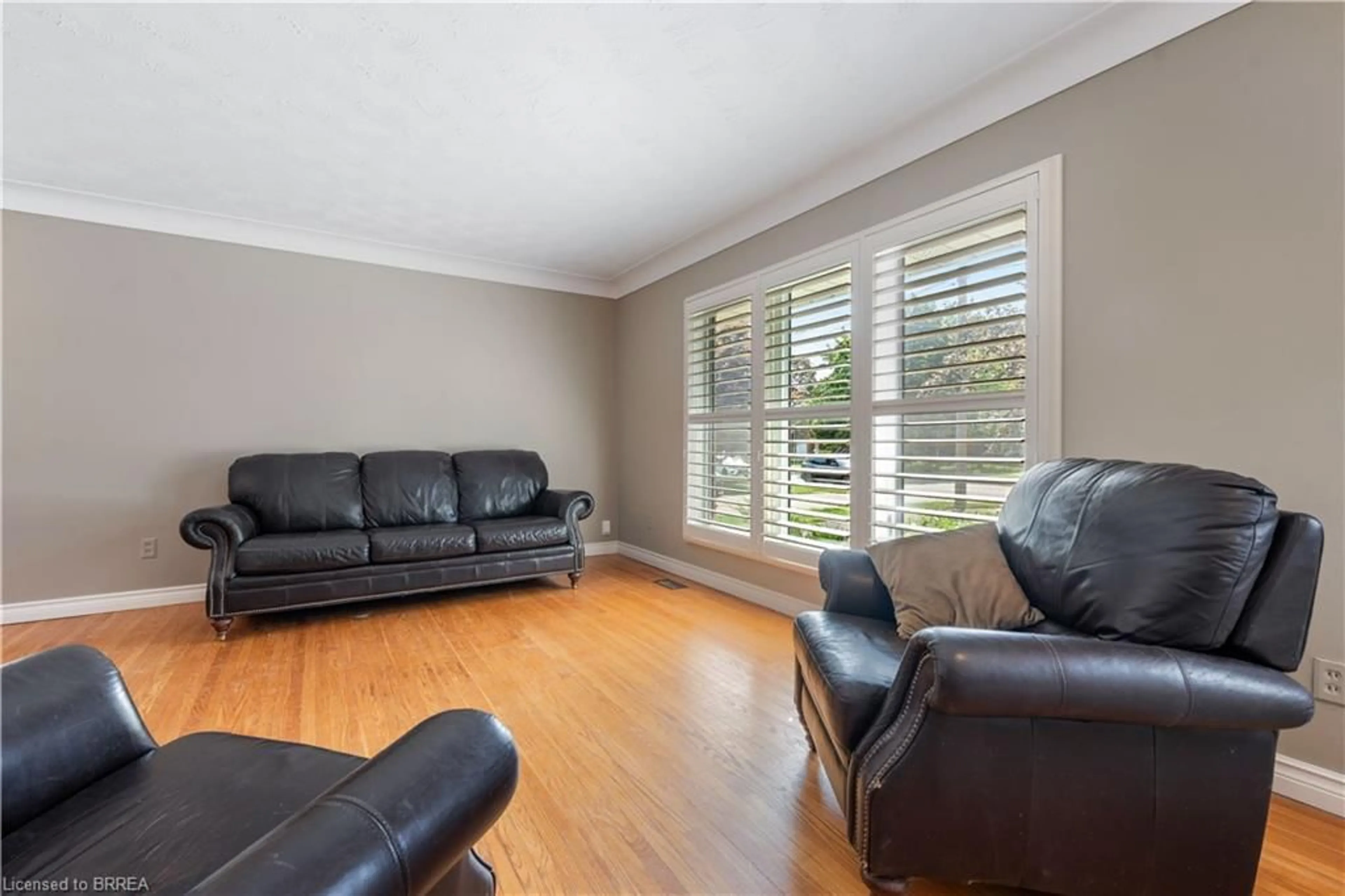 Living room with furniture, wood/laminate floor for 25 Wayne Dr, Brantford Ontario N3R 2Y6