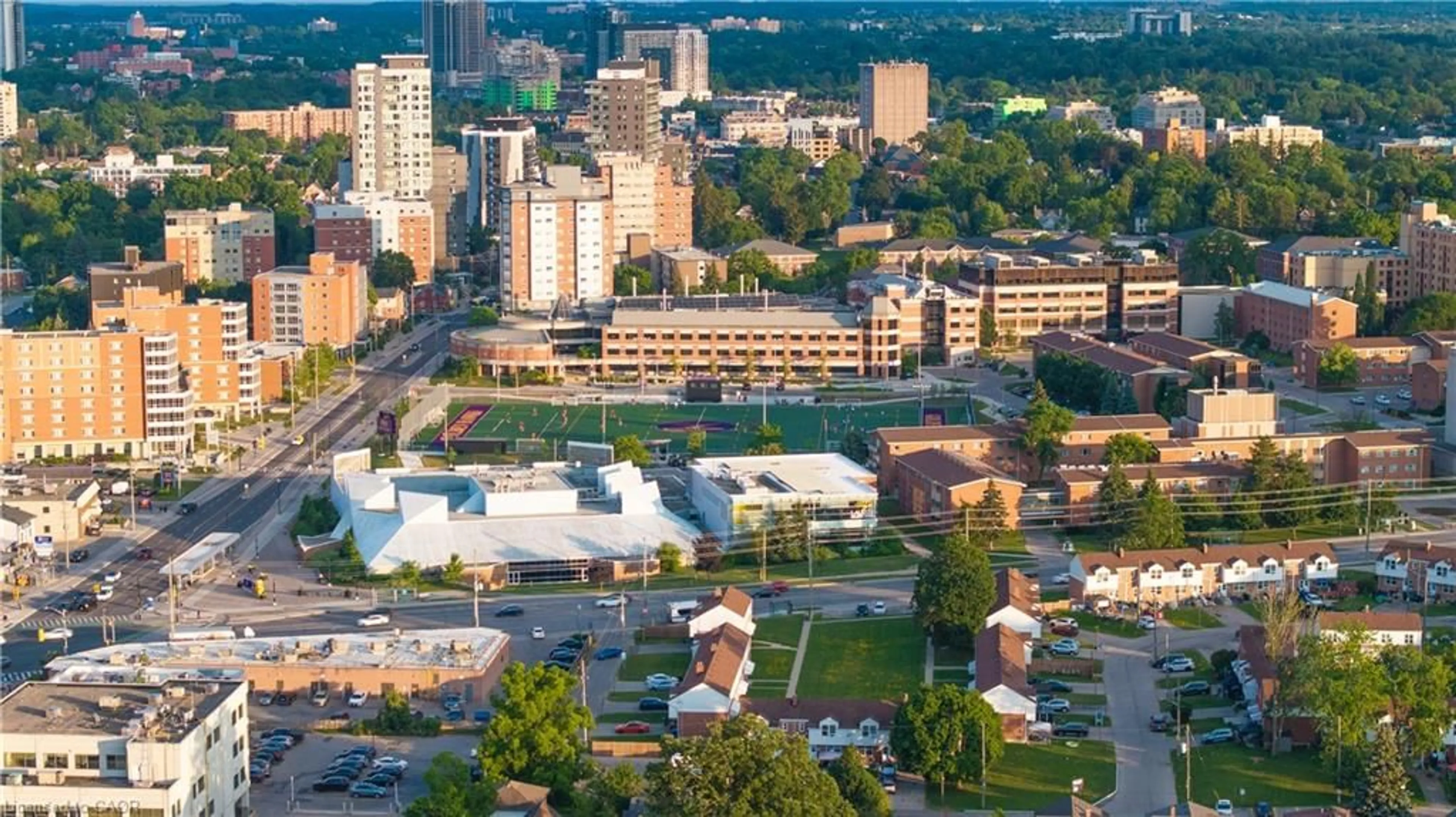 A pic from outside/outdoor area/front of a property/back of a property/a pic from drone, city buildings view from balcony for 318 Spruce St #1004, Waterloo Ontario N2L 0E9