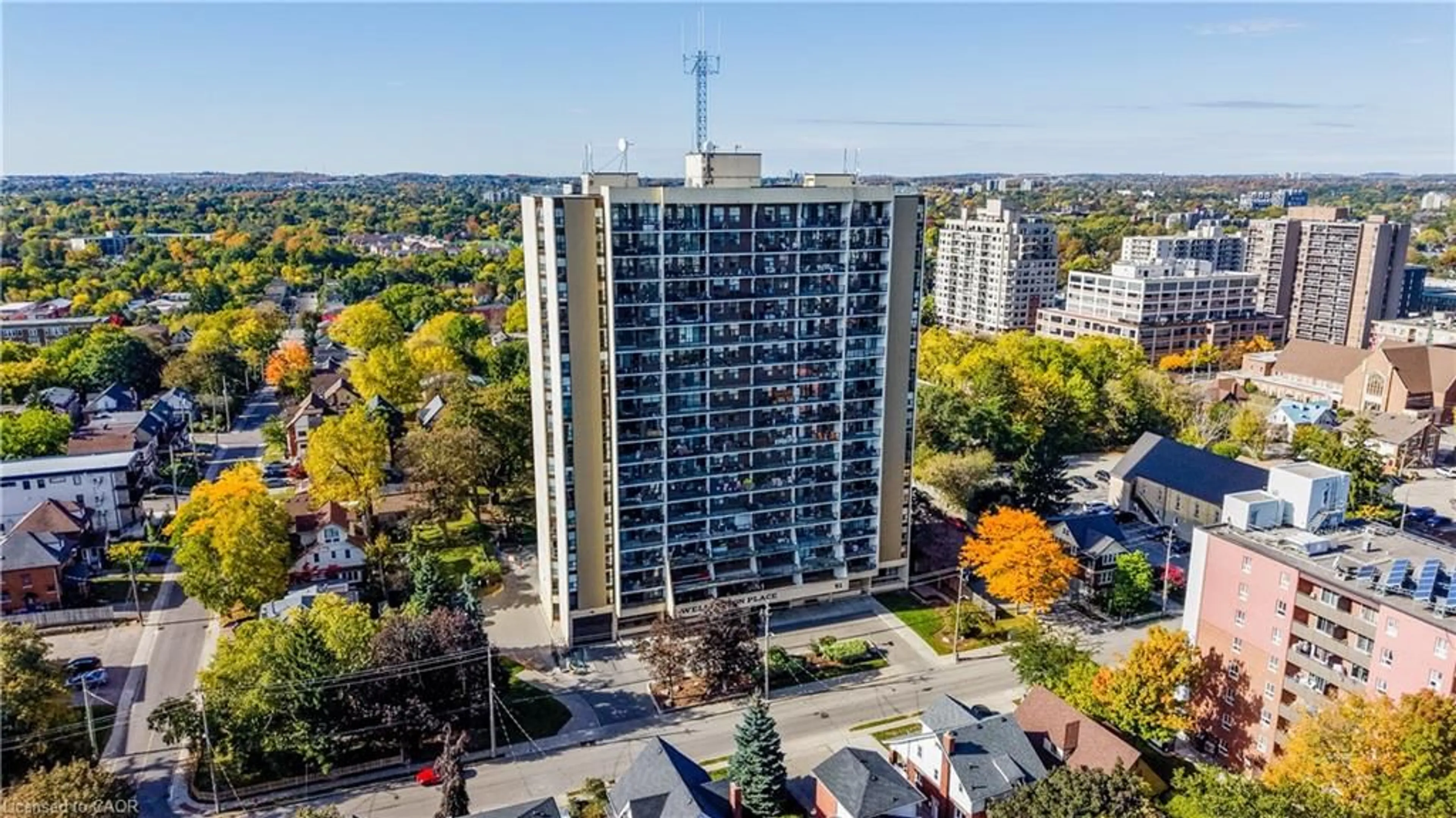 A pic from outside/outdoor area/front of a property/back of a property/a pic from drone, city buildings view from balcony for 81 Church St #1407, Kitchener Ontario N2G 4M1