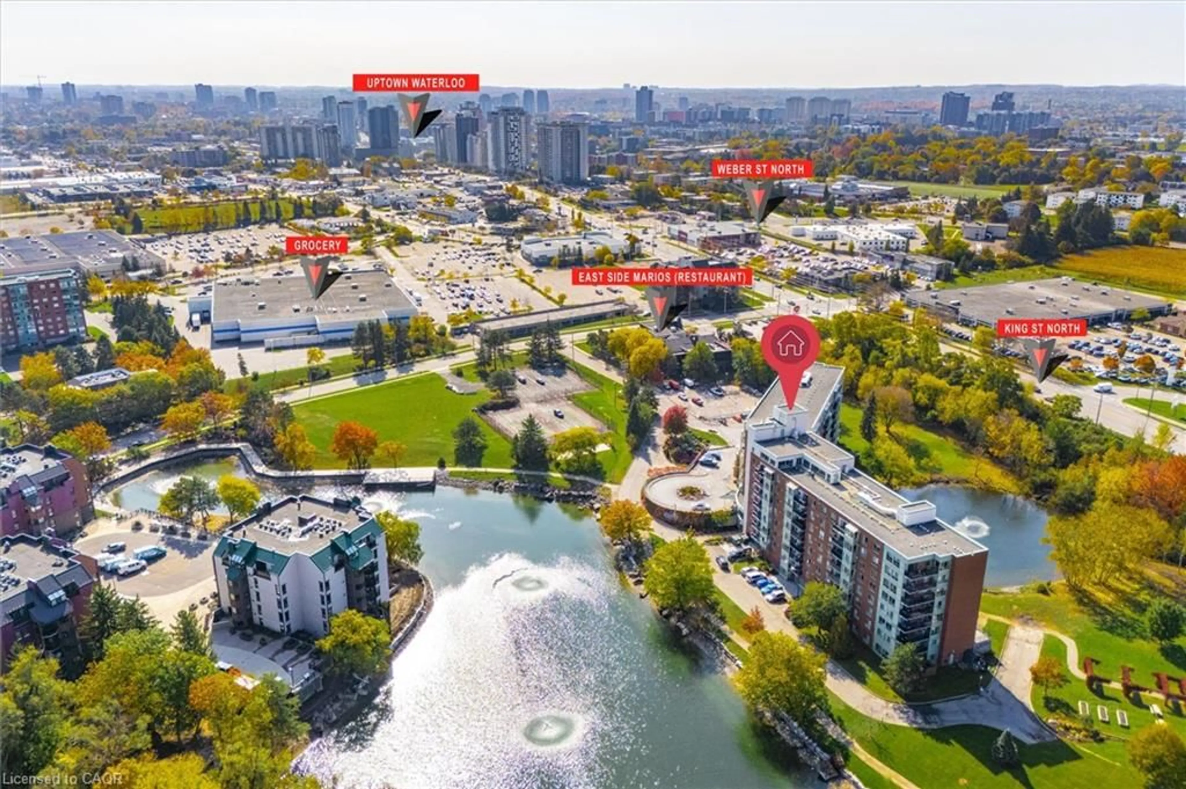 A pic from outside/outdoor area/front of a property/back of a property/a pic from drone, water/lake/river/ocean view for 30 Blue Springs Dr #308, Waterloo Ontario N2J 4T2