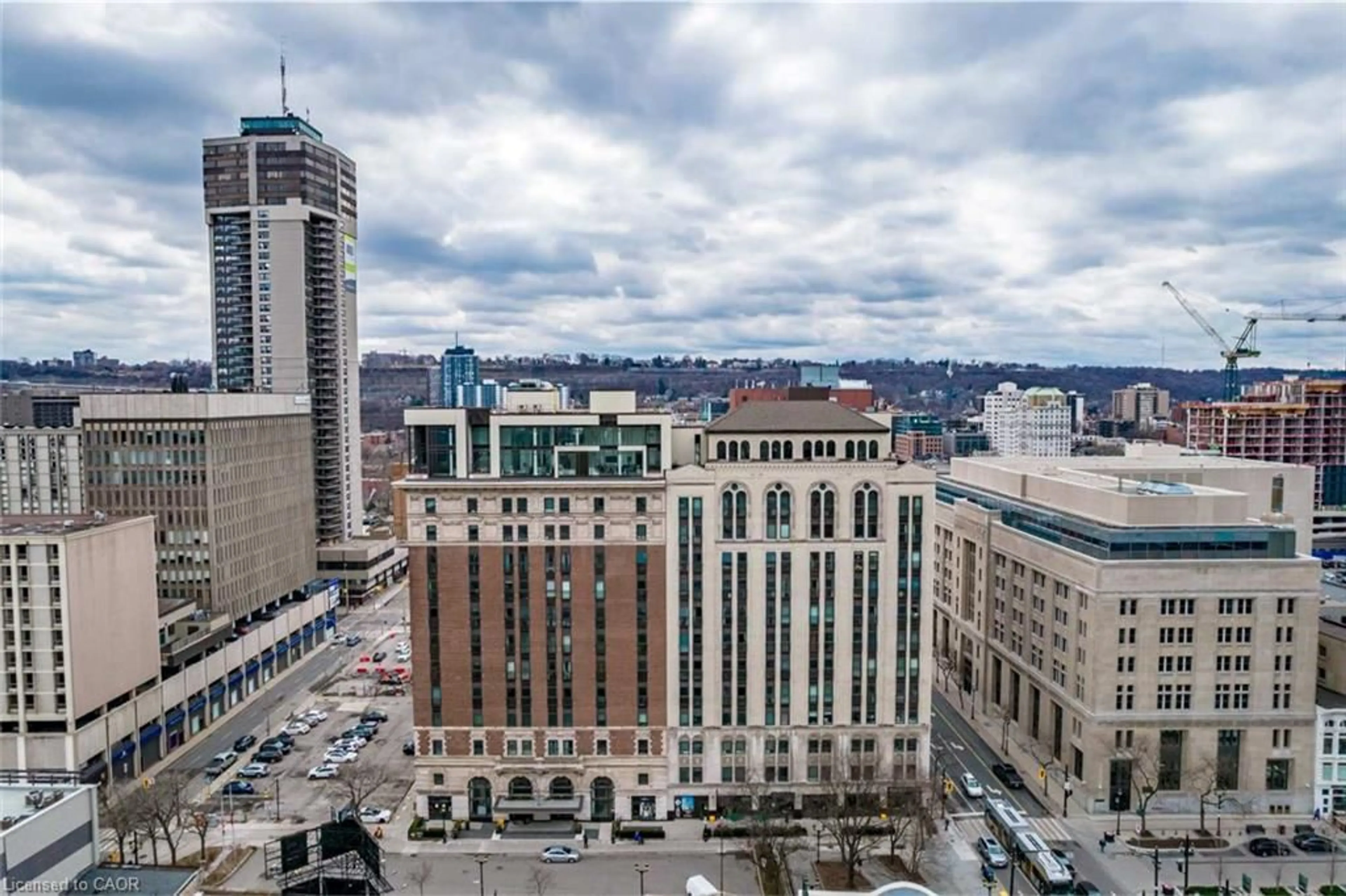 A pic from outside/outdoor area/front of a property/back of a property/a pic from drone, city buildings view from balcony for 112 King St #LPH01, Hamilton Ontario L8N 1A8