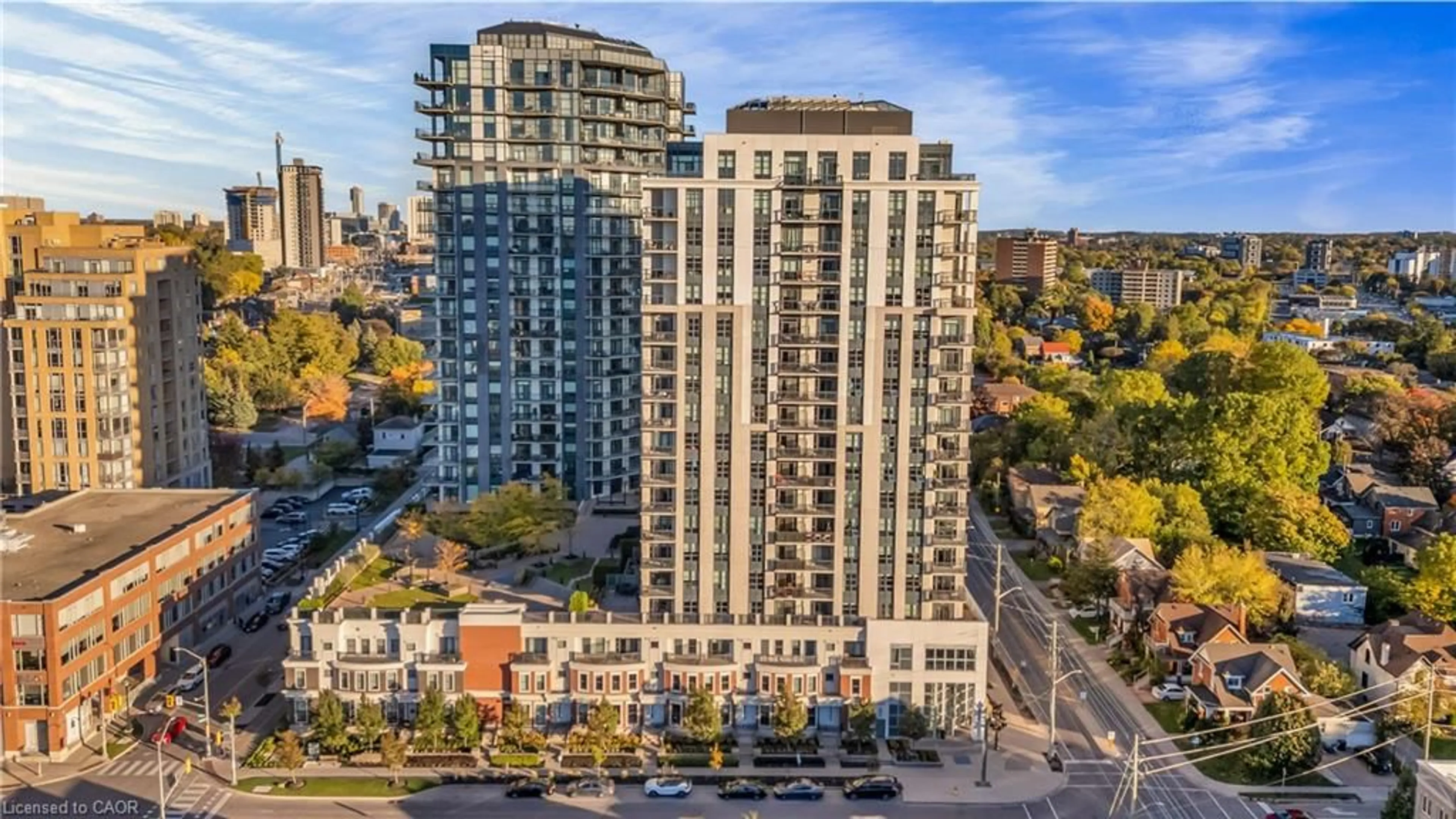 A pic from outside/outdoor area/front of a property/back of a property/a pic from drone, city buildings view from balcony for 144 Park St #503, Waterloo Ontario N2L 0B6
