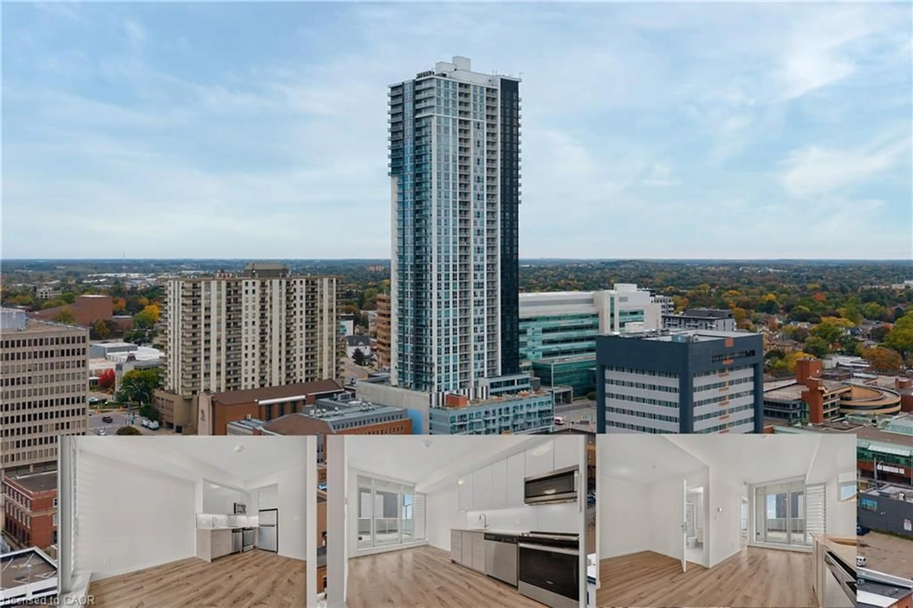 A pic from outside/outdoor area/front of a property/back of a property/a pic from drone, city buildings view from balcony for 60 Frederick St #611, Kitchener Ontario N2H 0C7