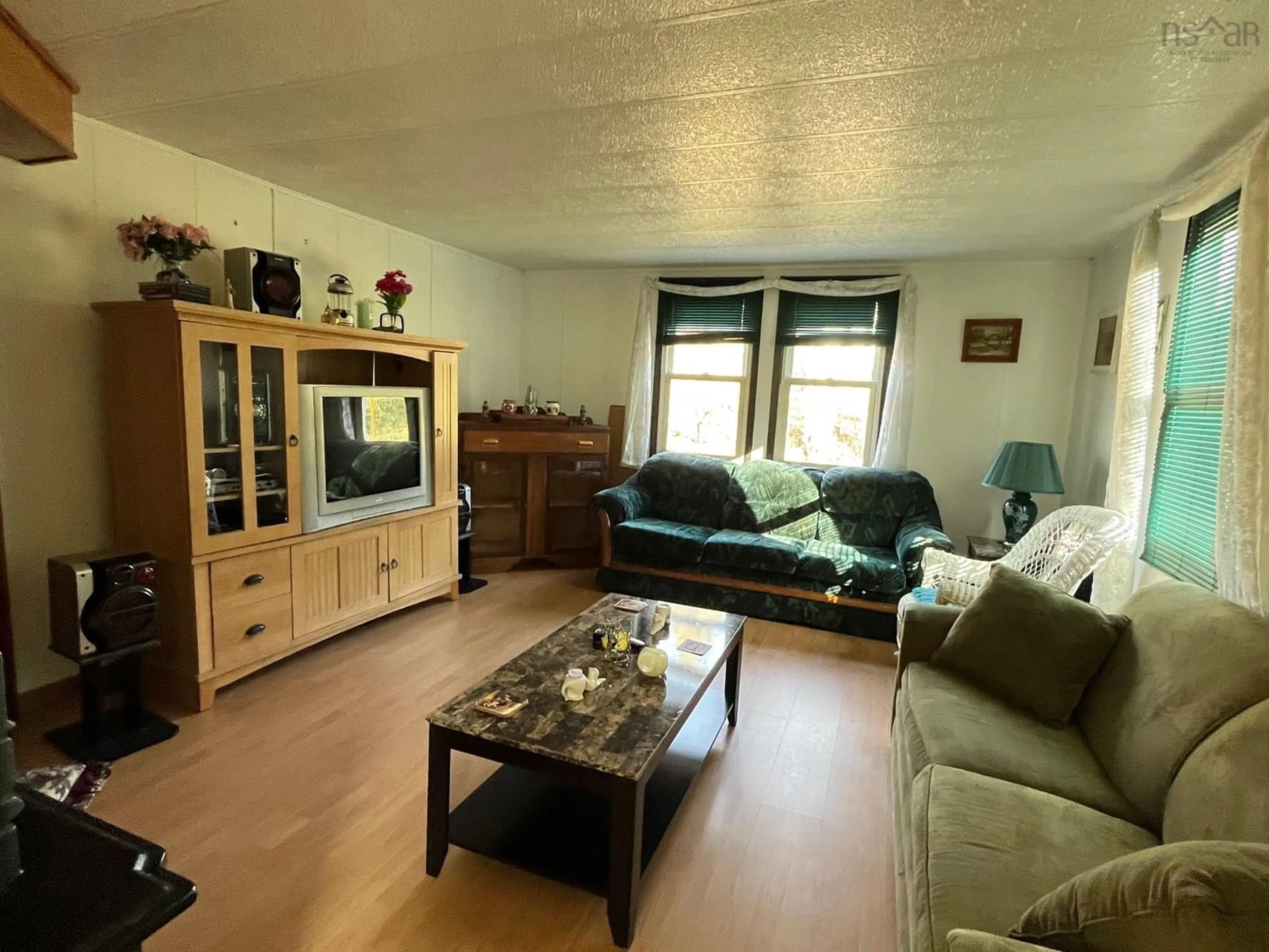 Living room with furniture, wood/laminate floor for 83 Whycocomagh Mtn Rd, Whycocomagh Nova Scotia B0E 3M0