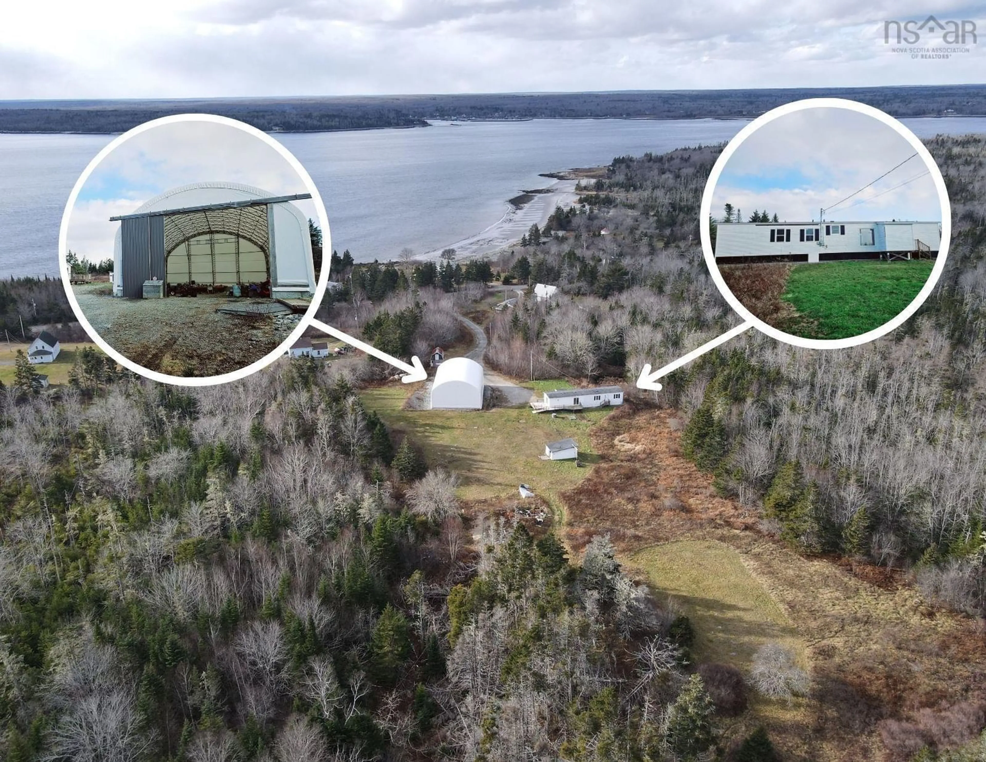 A pic from outside/outdoor area/front of a property/back of a property/a pic from drone, water/lake/river/ocean view for 1863 Sandy Point Rd, Sandy Point Nova Scotia B0T 1W0