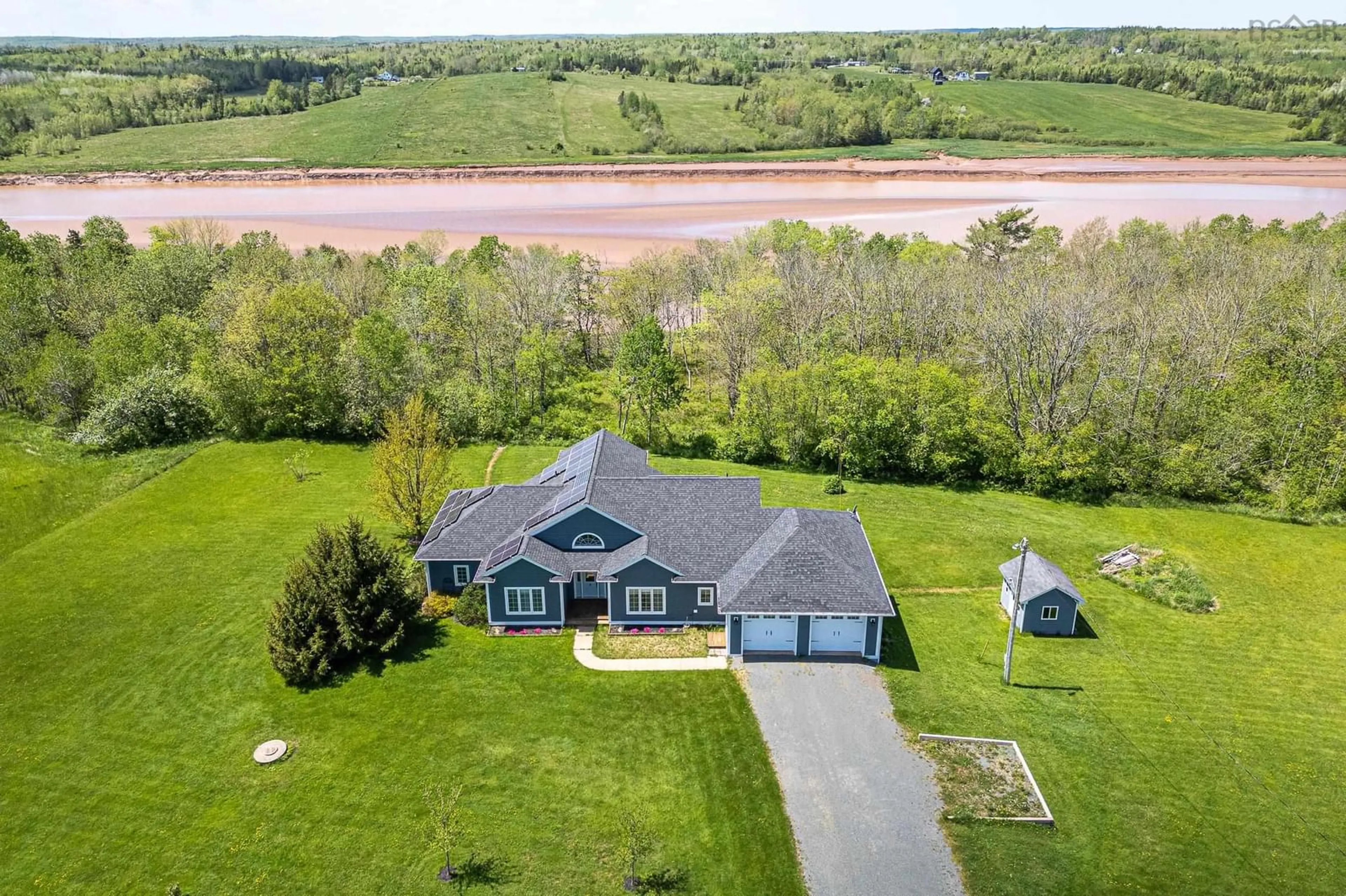 A pic from outside/outdoor area/front of a property/back of a property/a pic from drone, water/lake/river/ocean view for 807 Riverside Rd, Fort Ellis Nova Scotia B0N 2J0