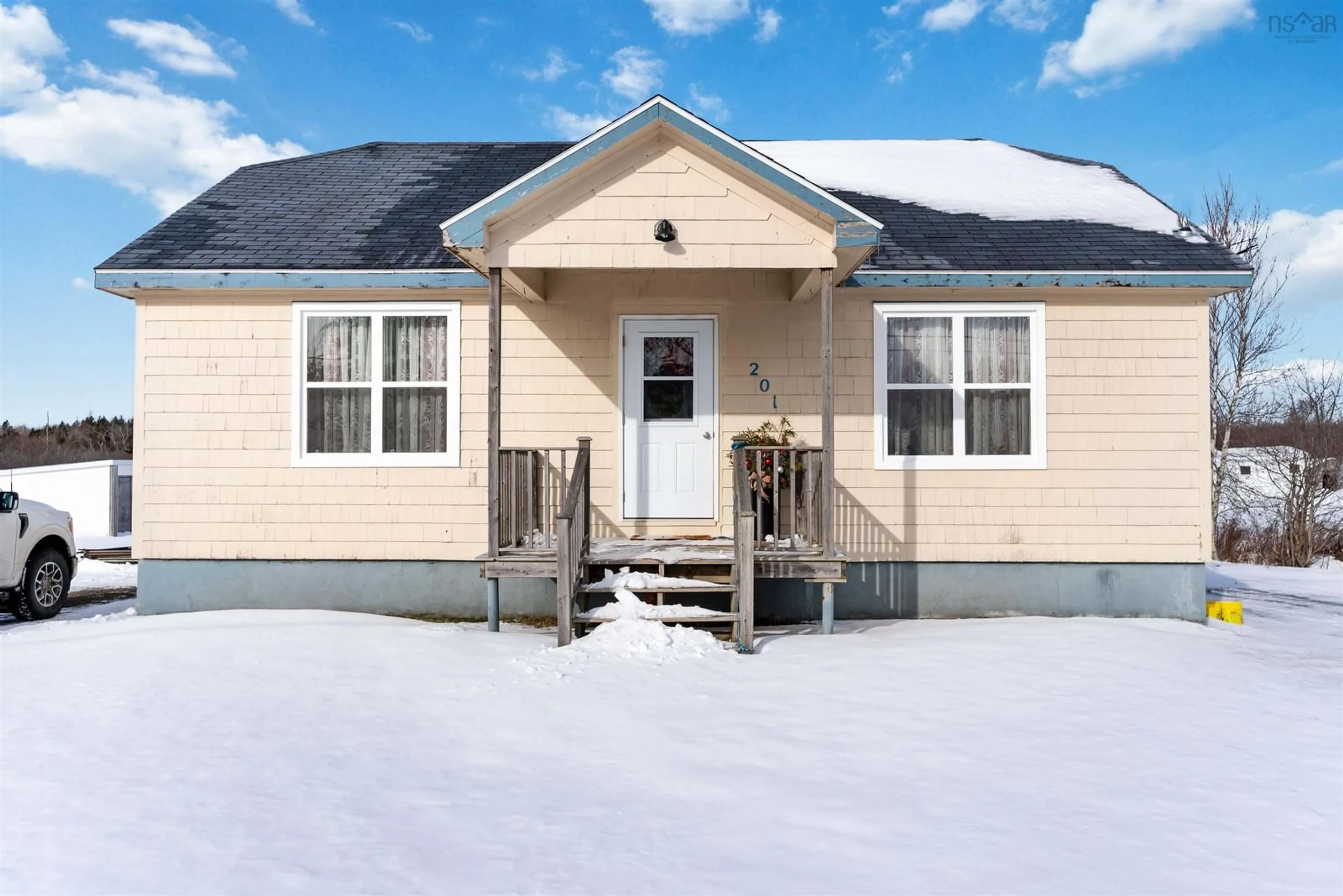 Home with vinyl exterior material, street for 201 Flat Iron Rd, Conway Nova Scotia B0V 1A0