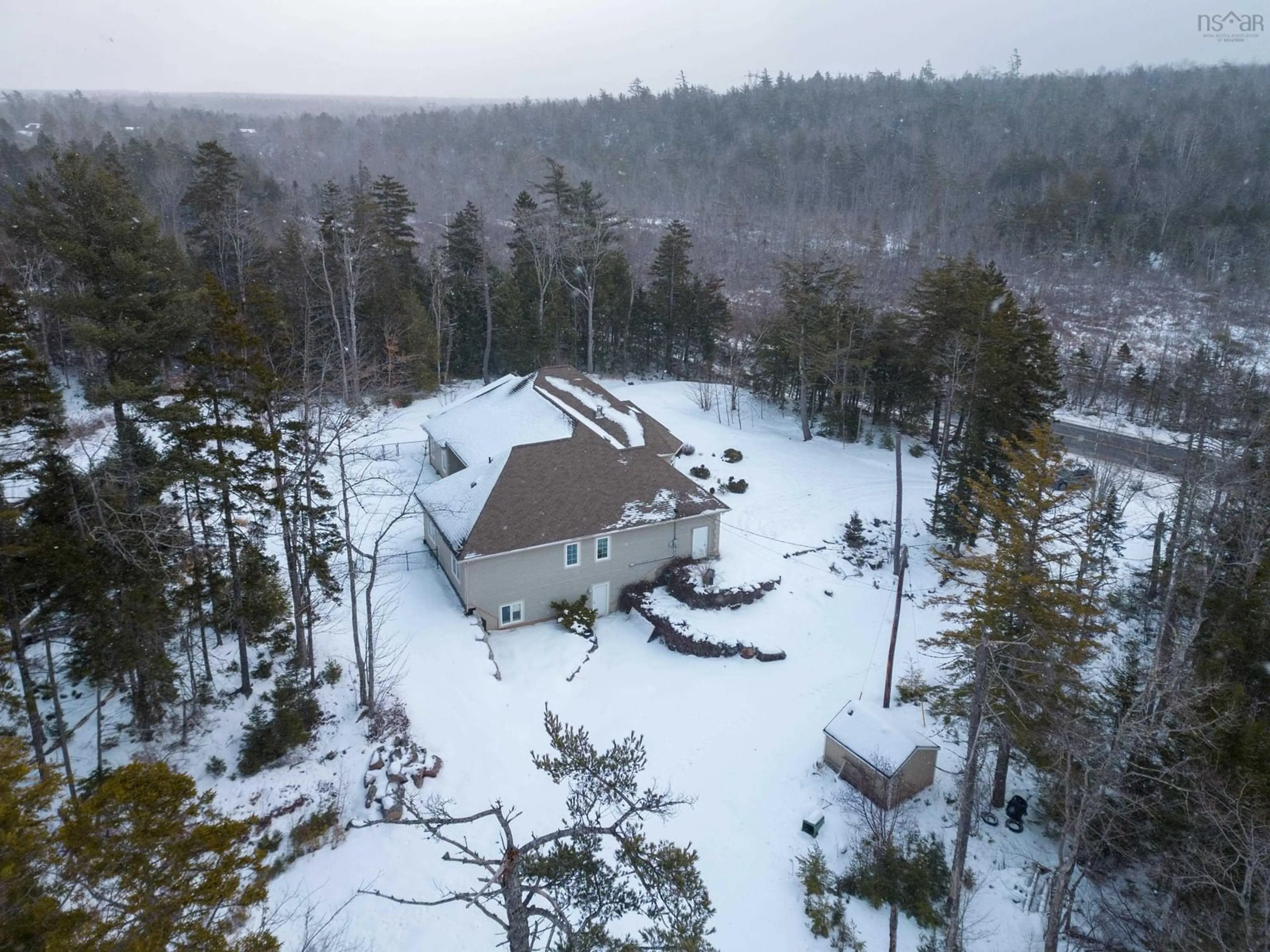 A pic from outside/outdoor area/front of a property/back of a property/a pic from drone, forest/trees view for 6125 Highway 2, Oakfield Nova Scotia B2T 1E3