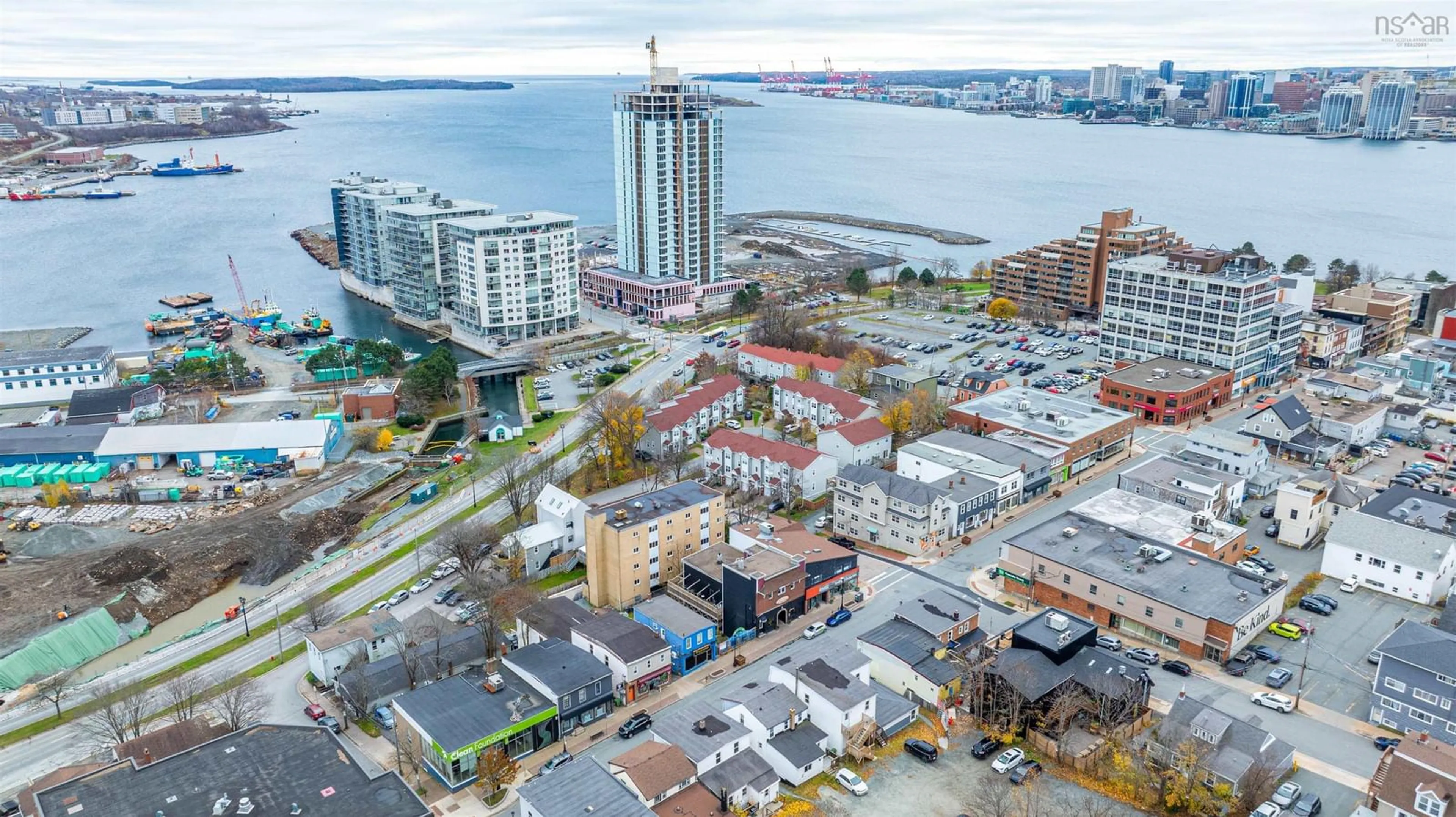 A pic from outside/outdoor area/front of a property/back of a property/a pic from drone, city buildings view from balcony for 110-112 Portland St, Dartmouth Nova Scotia B2Y 1H8