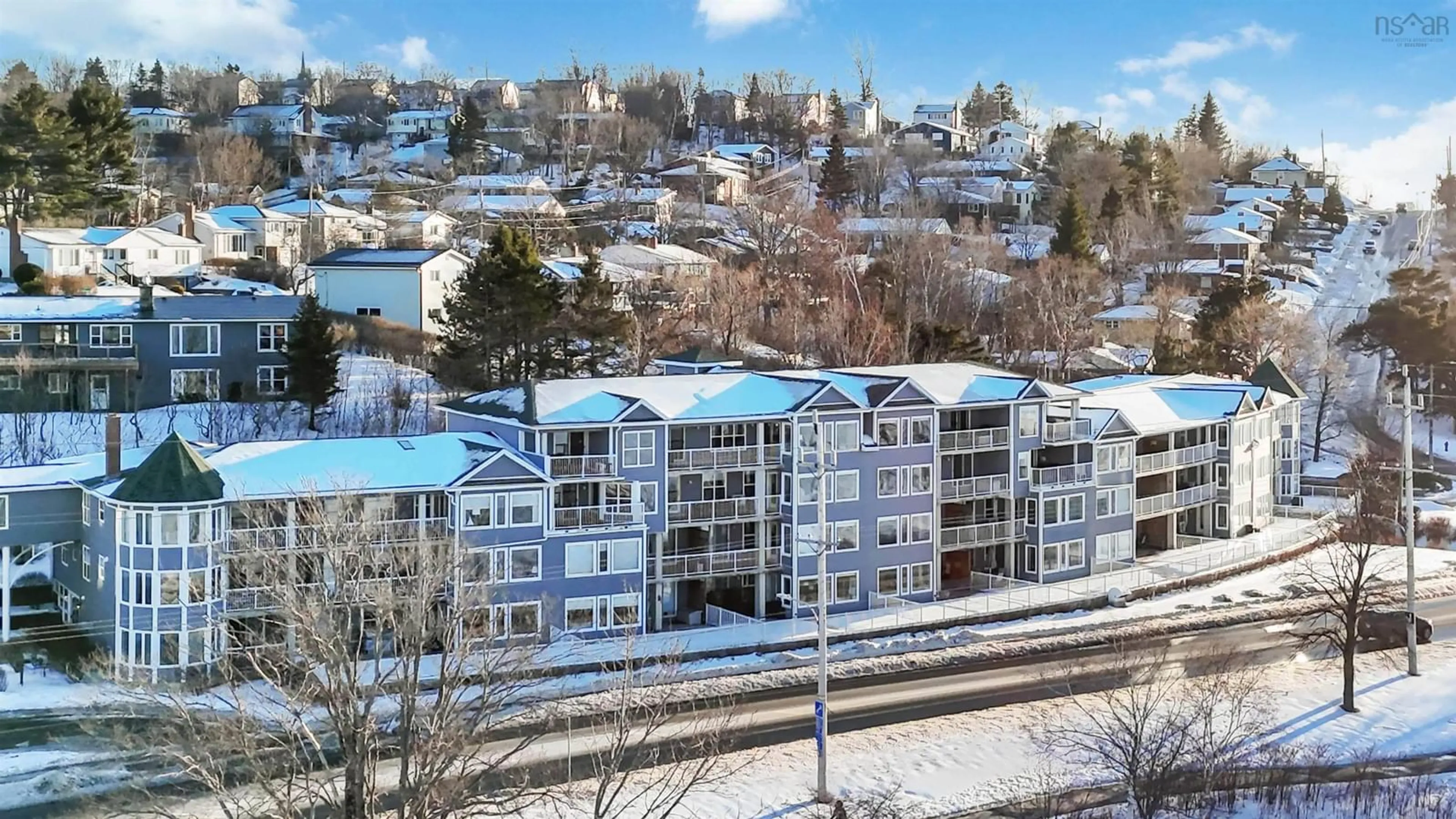 A pic from outside/outdoor area/front of a property/back of a property/a pic from drone, city buildings view from balcony for 271 Prince Albert Rd #205, Dartmouth Nova Scotia B2Y 1M9