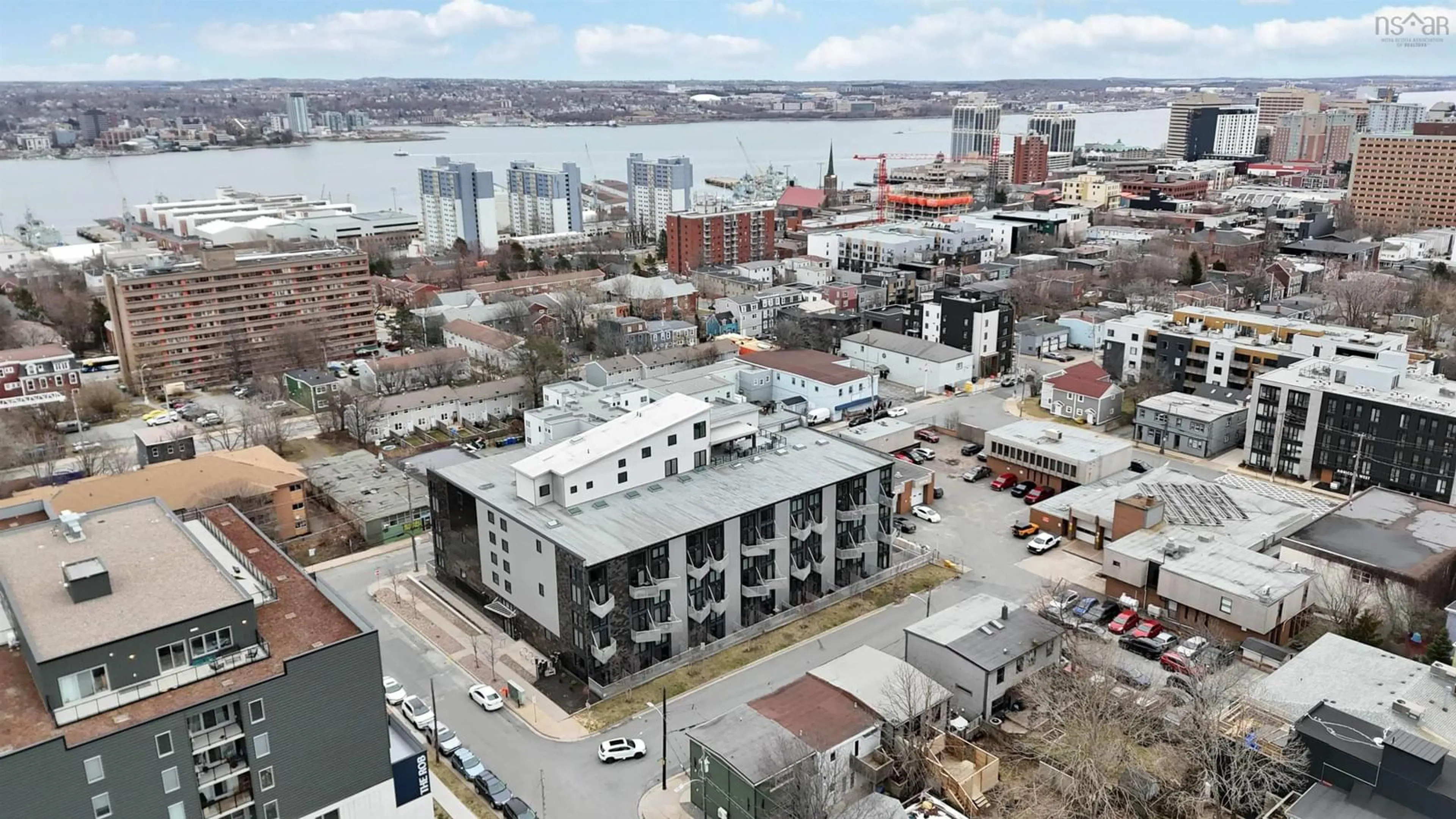 A pic from outside/outdoor area/front of a property/back of a property/a pic from drone, city buildings view from balcony for 5662 Roberts St #203, Halifax Nova Scotia B3K 0E3
