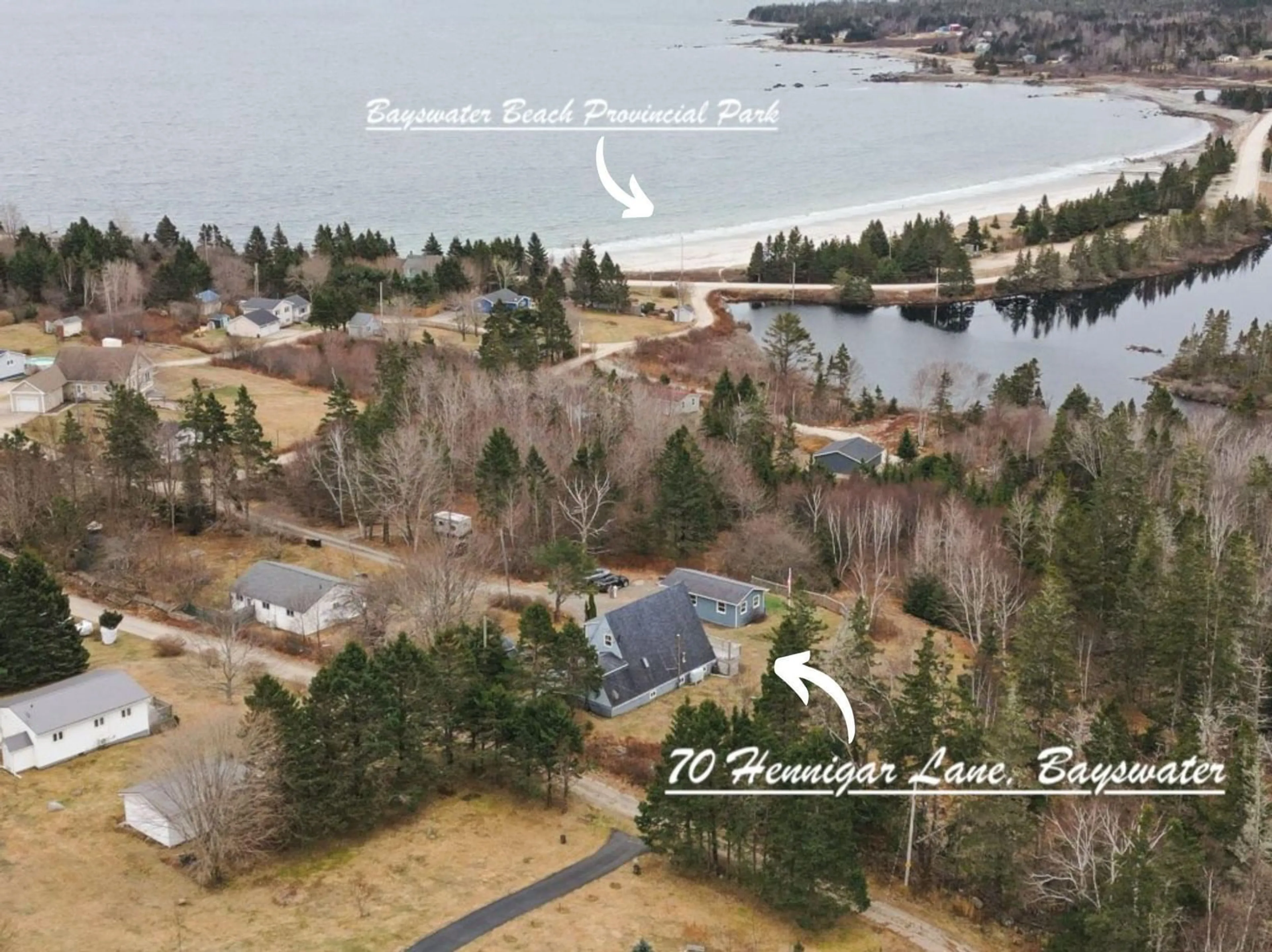 A pic from outside/outdoor area/front of a property/back of a property/a pic from drone, water/lake/river/ocean view for 70 Hennigar Lane, Bayswater Nova Scotia B0J 1T0