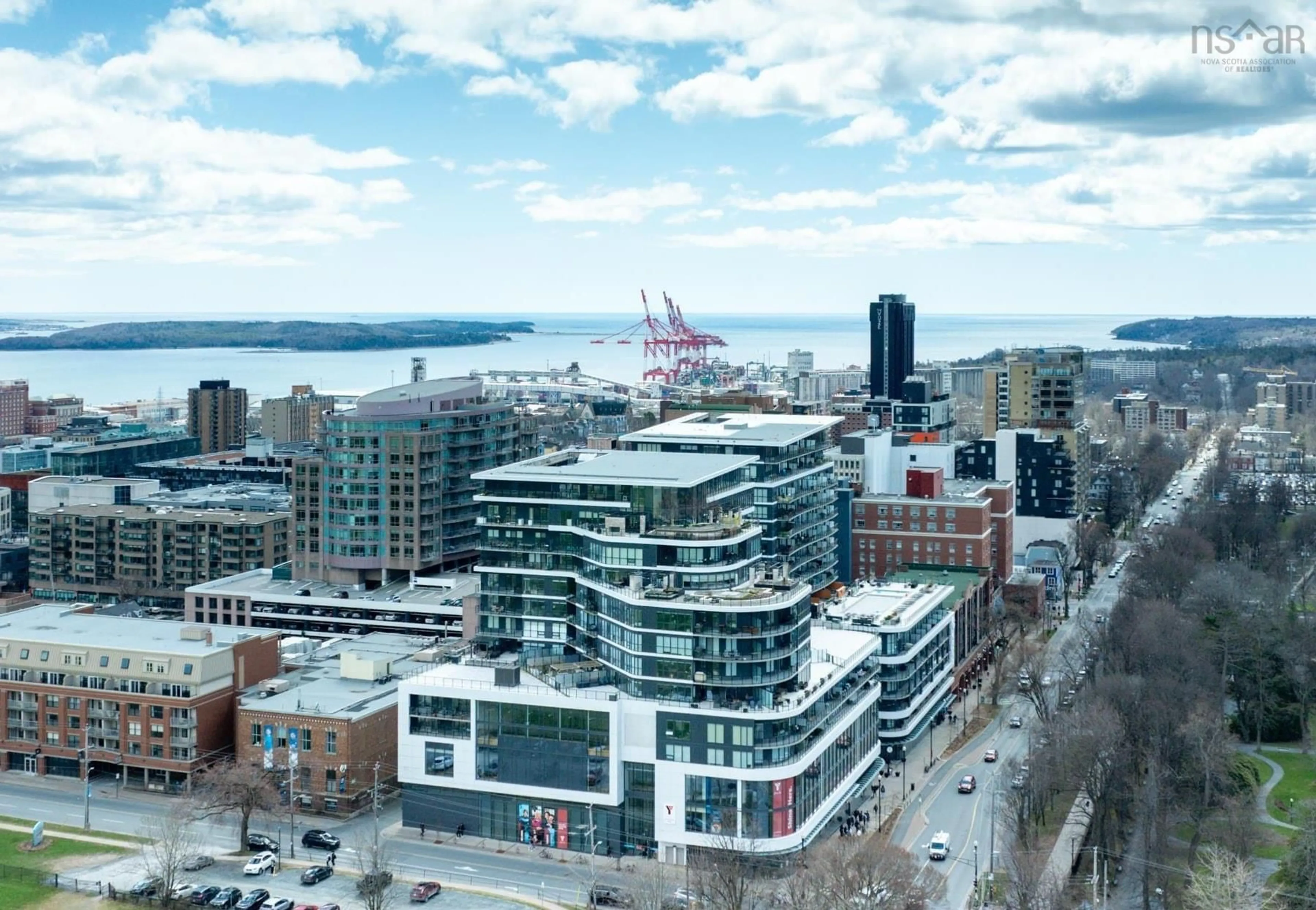 A pic from outside/outdoor area/front of a property/back of a property/a pic from drone, city buildings view from balcony for 1585 South Park St #1001, Halifax Nova Scotia B3J 0H8