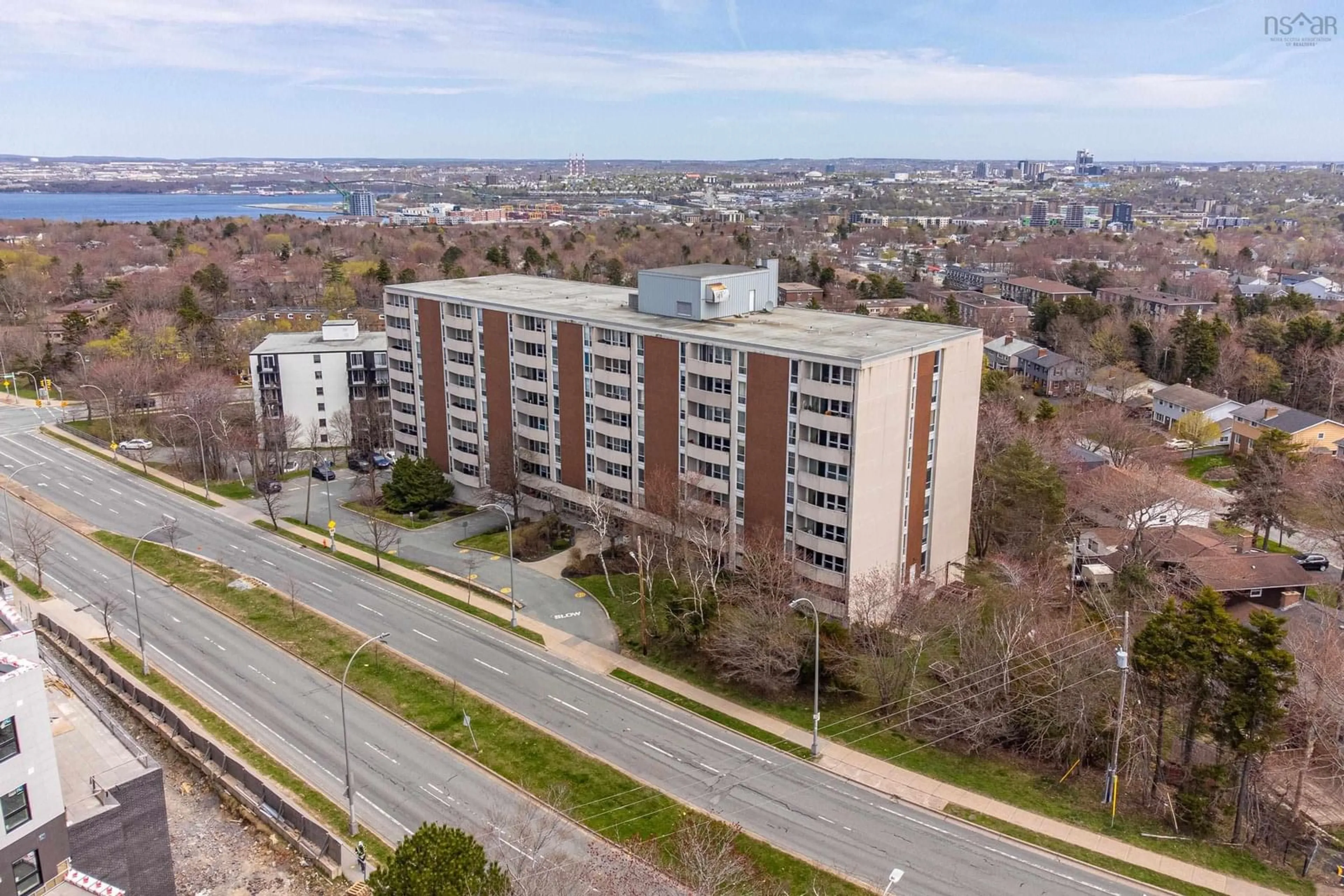 A pic from outside/outdoor area/front of a property/back of a property/a pic from drone, city buildings view from balcony for 105 Dunbrack St #802, Halifax Nova Scotia B3M 3G7