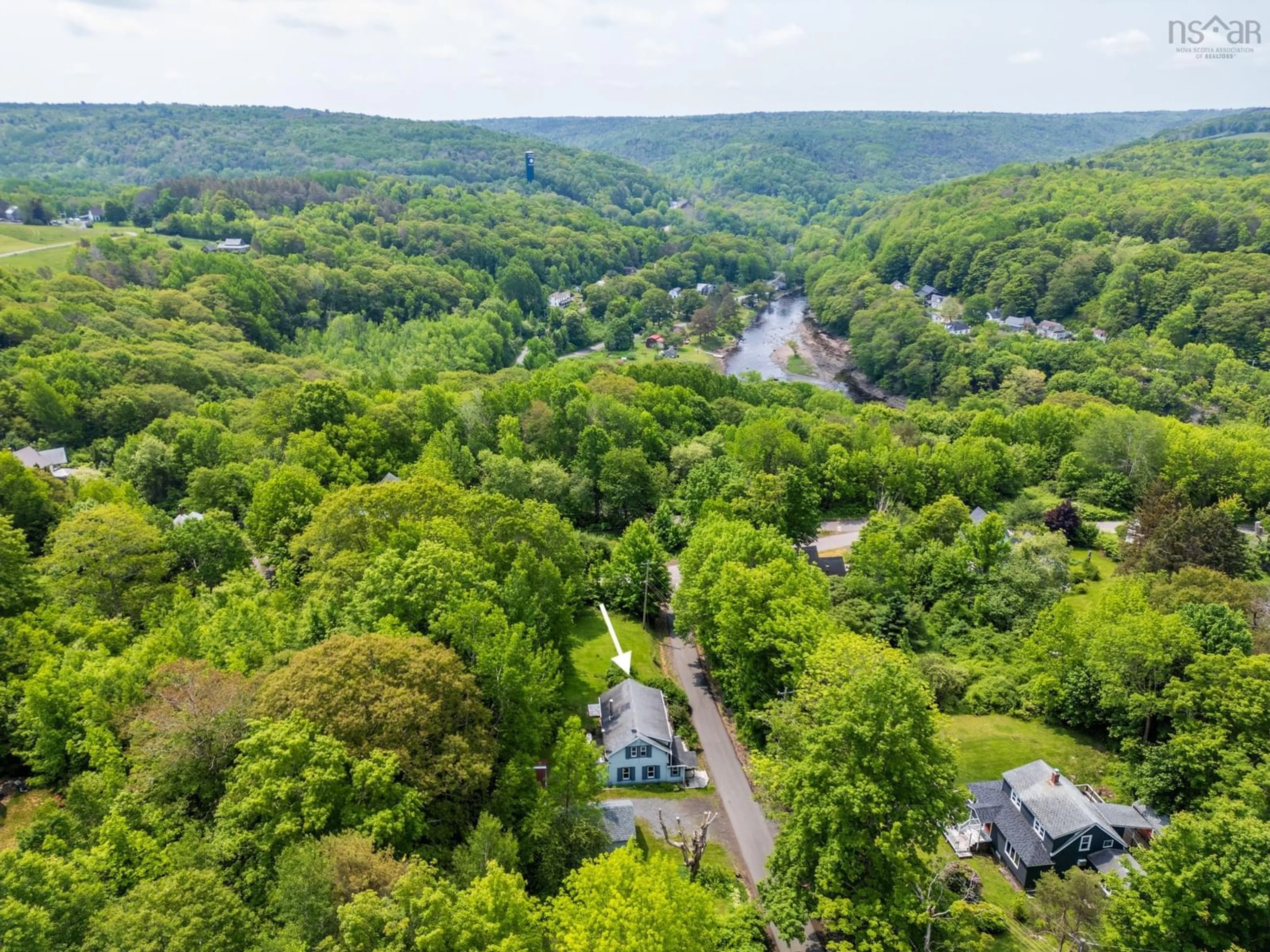 A pic from outside/outdoor area/front of a property/back of a property/a pic from drone, forest/trees view for 14 Cross St, Bear River Nova Scotia B0S 1B0