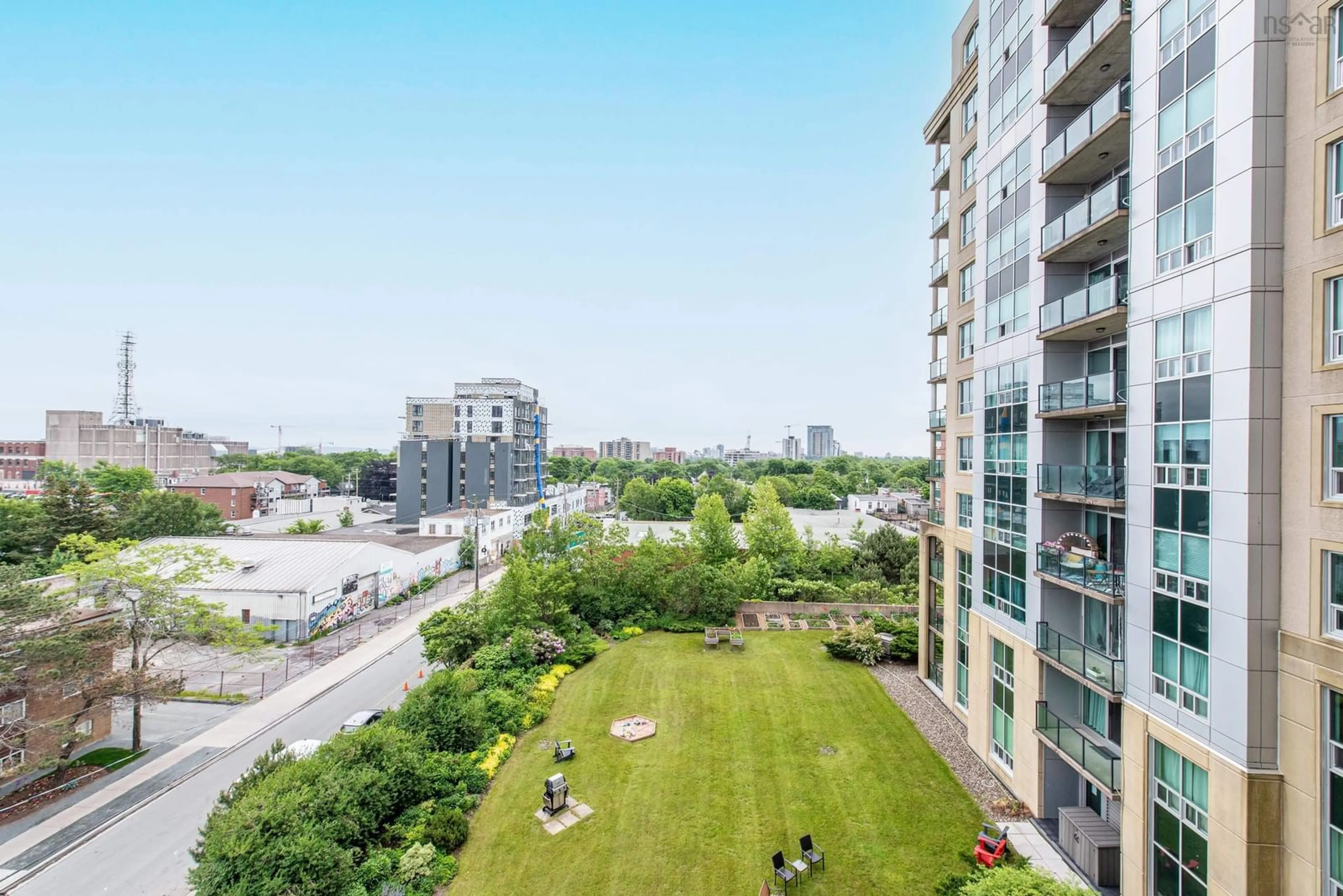 A pic from outside/outdoor area/front of a property/back of a property/a pic from drone, city buildings view from balcony for 2677 Gladstone St #505, Halifax Nova Scotia B3L 0A3