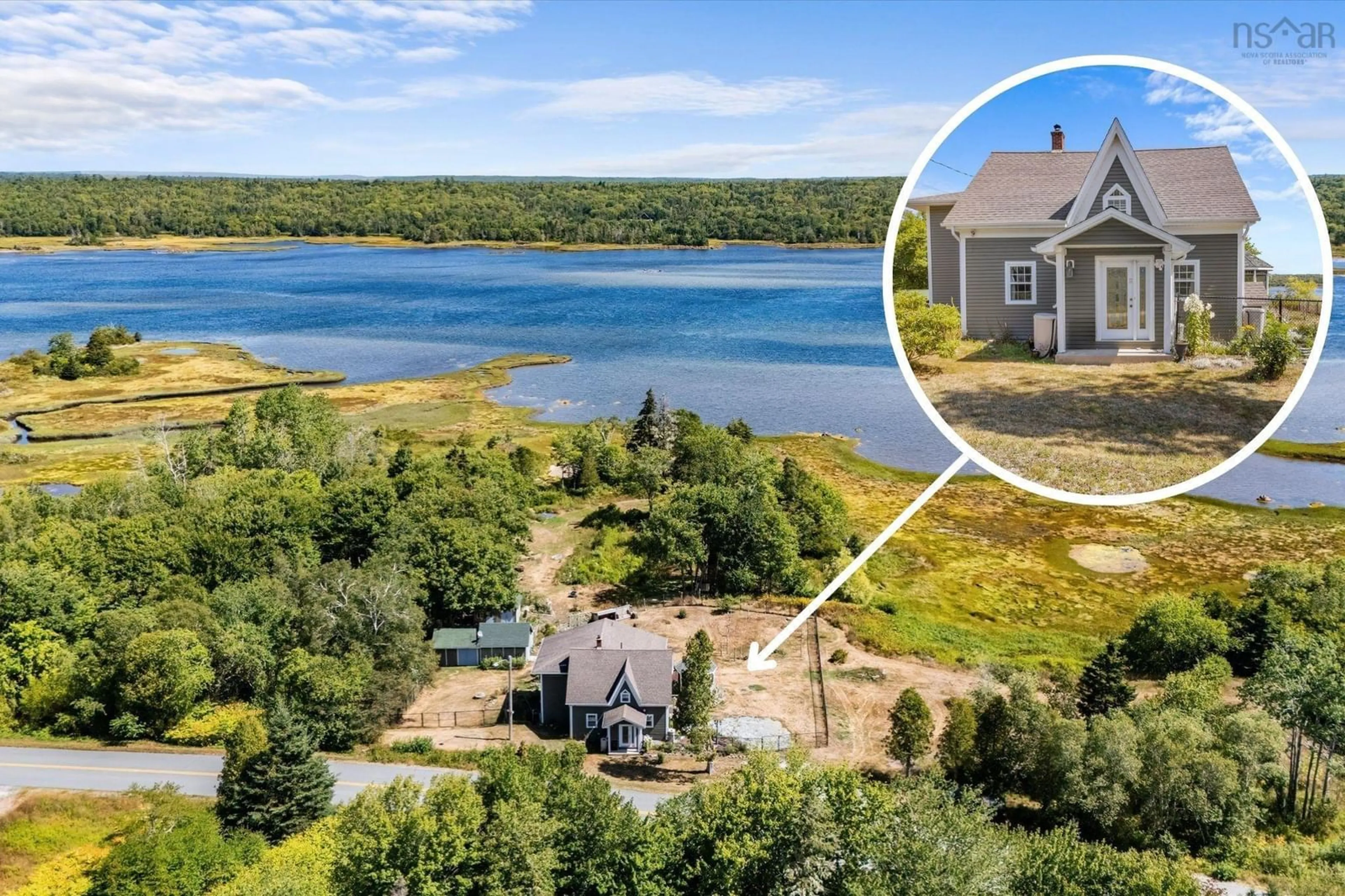 A pic from outside/outdoor area/front of a property/back of a property/a pic from drone, water/lake/river/ocean view for 653 West Sable Rd, Sable River Nova Scotia B0T 1V0