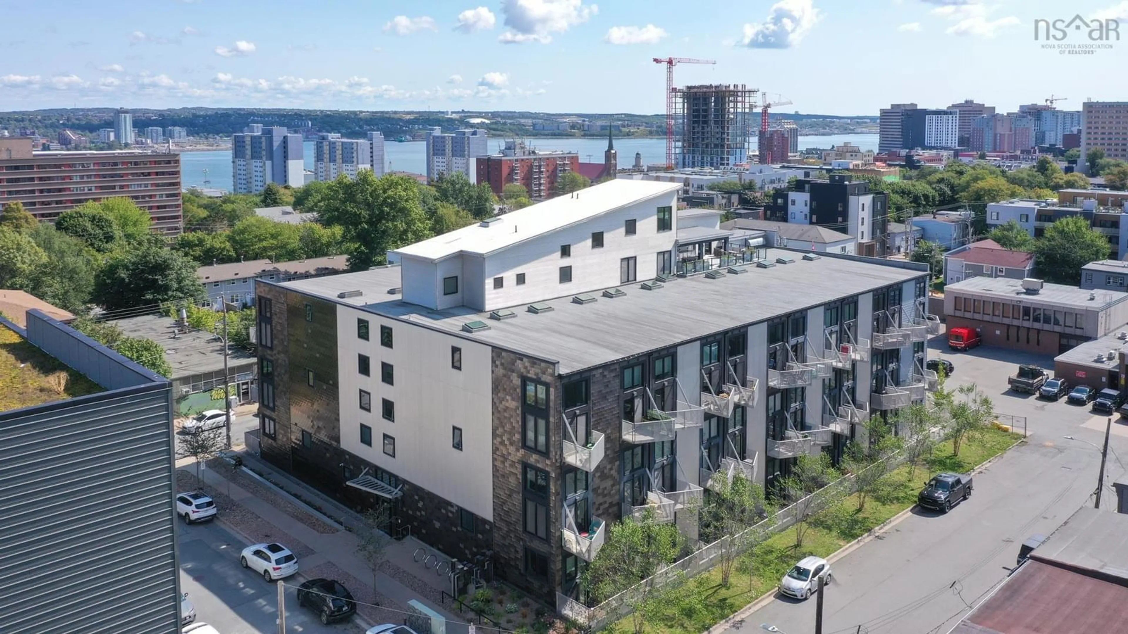 A pic from outside/outdoor area/front of a property/back of a property/a pic from drone, city buildings view from balcony for 5662 Roberts St #323, Halifax Nova Scotia B3K 0E3