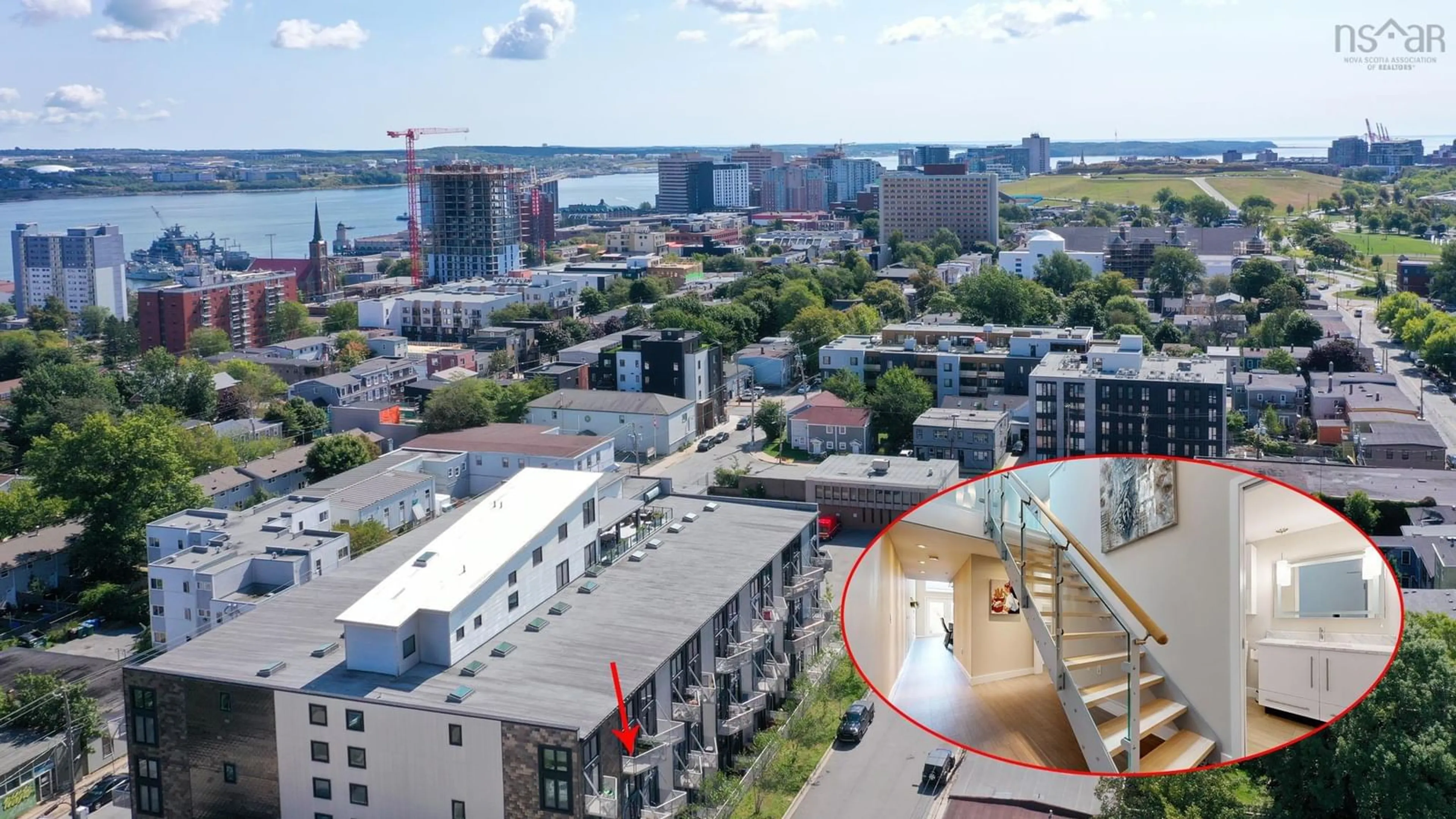 A pic from outside/outdoor area/front of a property/back of a property/a pic from drone, city buildings view from balcony for 5662 Roberts St #323, Halifax Nova Scotia B3K 0E3