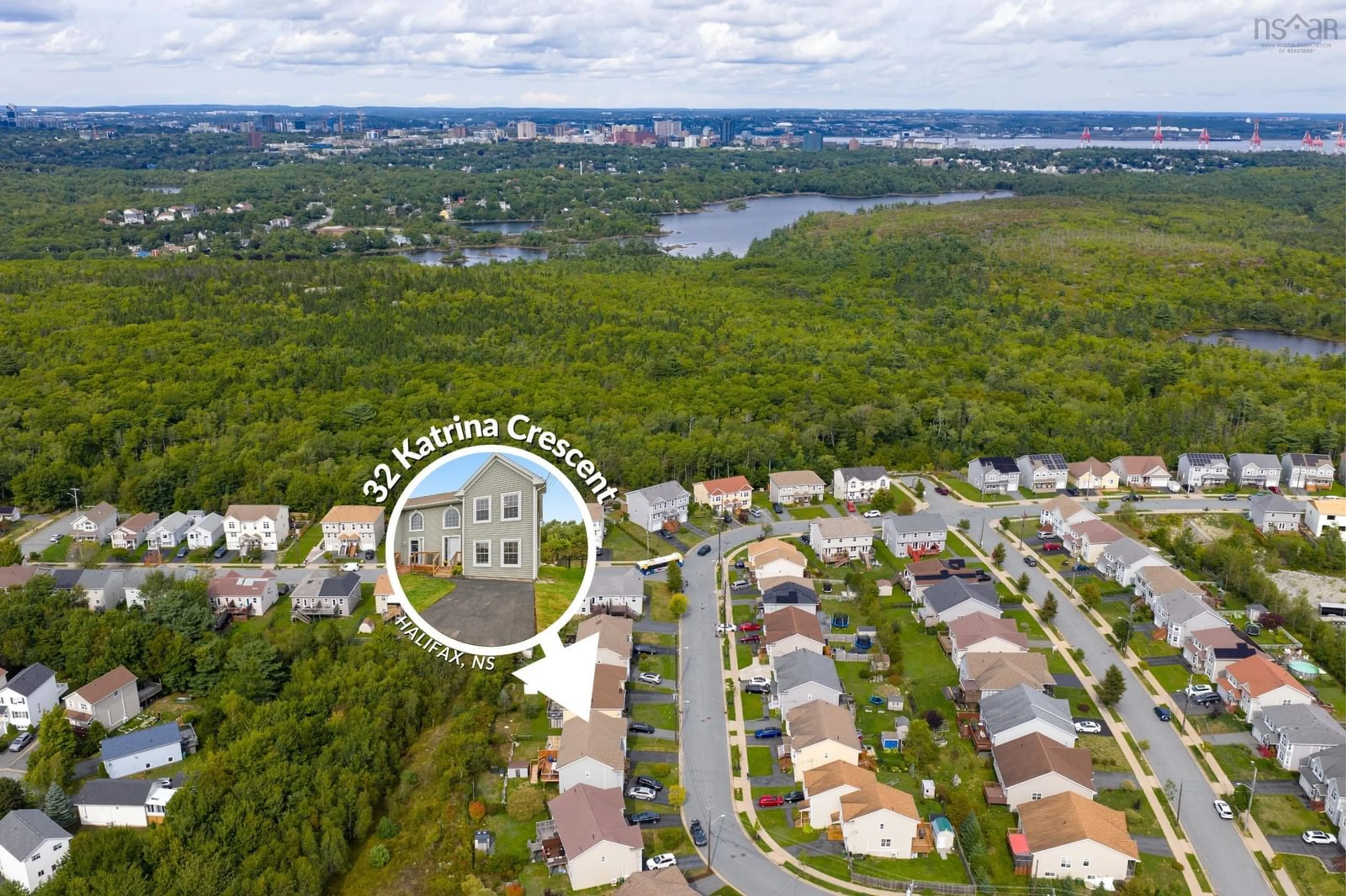 A pic from outside/outdoor area/front of a property/back of a property/a pic from drone, water/lake/river/ocean view for 32 Katrina Cres, Halifax Nova Scotia B3P 0C3