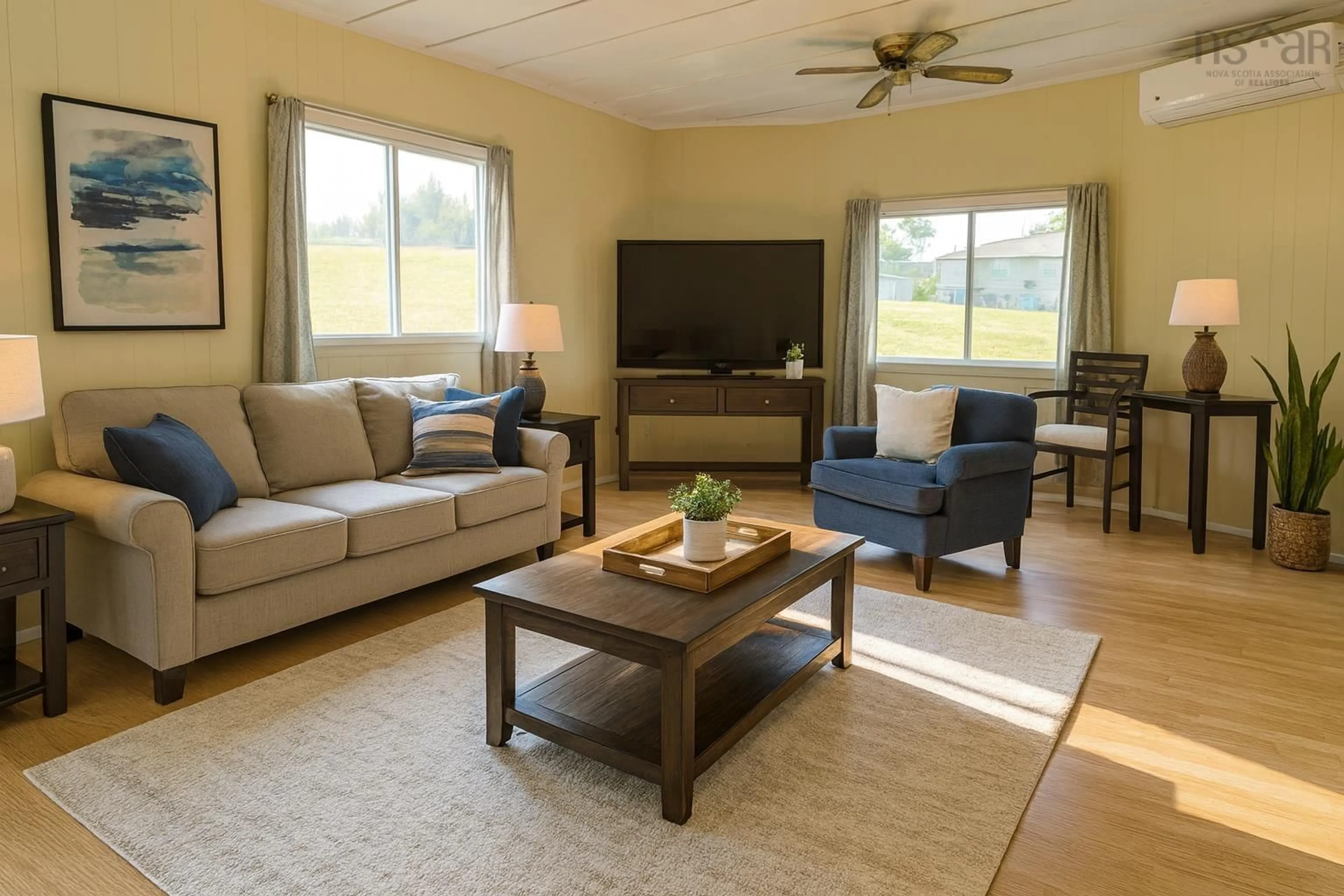 Living room with furniture, wood/laminate floor for 13672 Highway 1, Hants Border Nova Scotia B0P 1P0