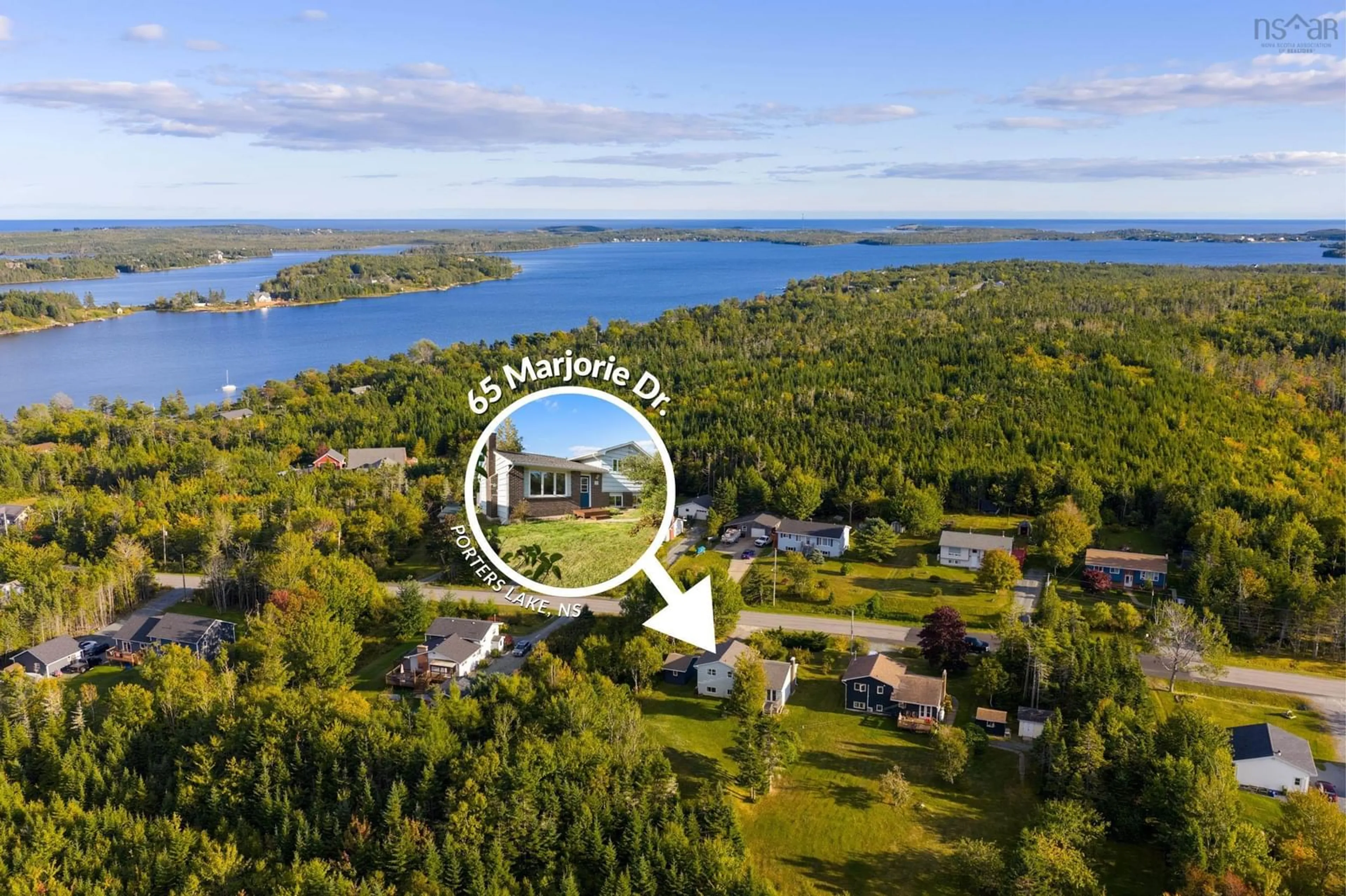 A pic from outside/outdoor area/front of a property/back of a property/a pic from drone, water/lake/river/ocean view for 65 Marjorie Dr, West Porters Lake Nova Scotia B3E 1N2