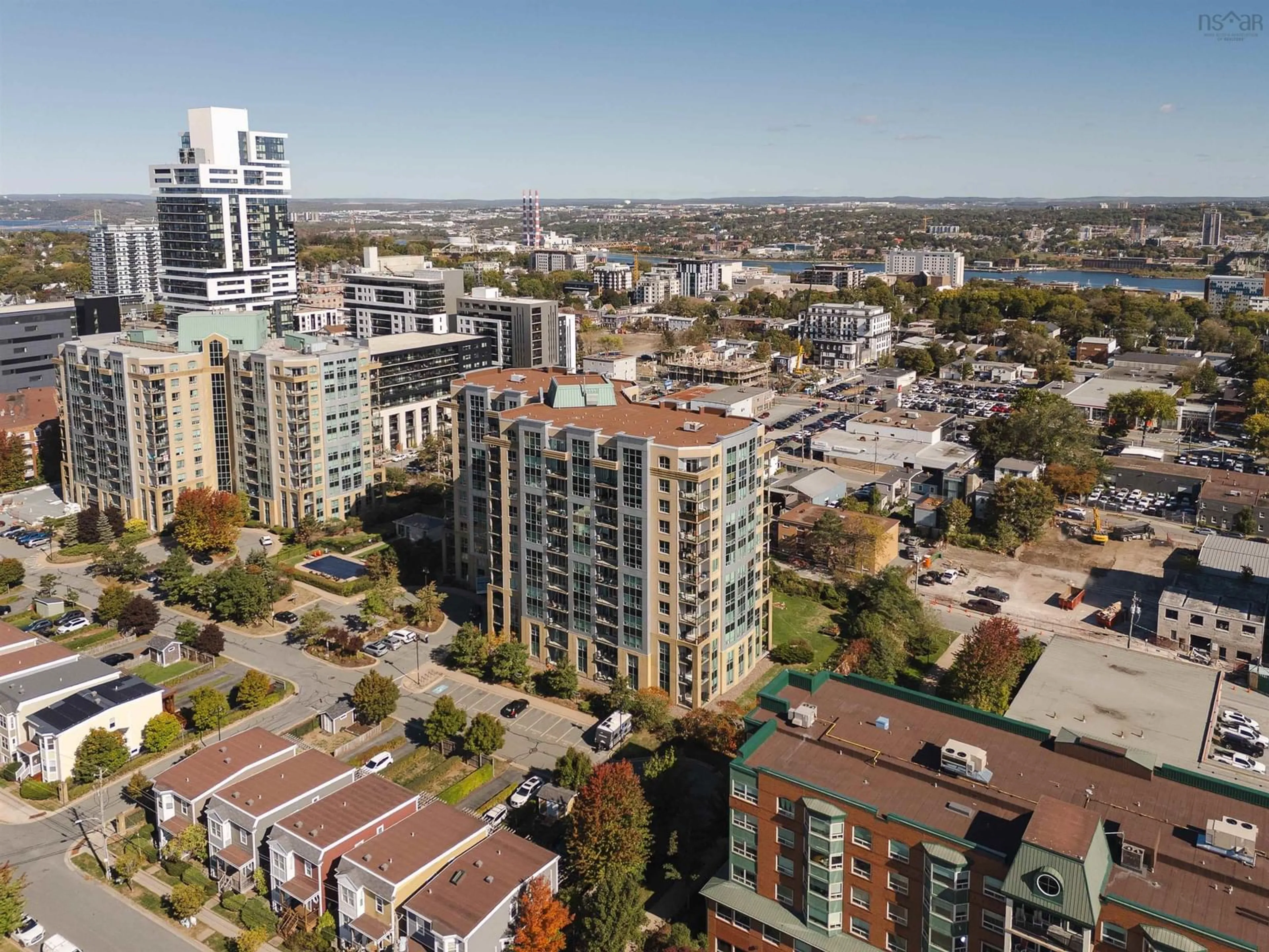 A pic from outside/outdoor area/front of a property/back of a property/a pic from drone, city buildings view from balcony for 2677 Gladstone St #401, Halifax Nova Scotia B3K 0A3