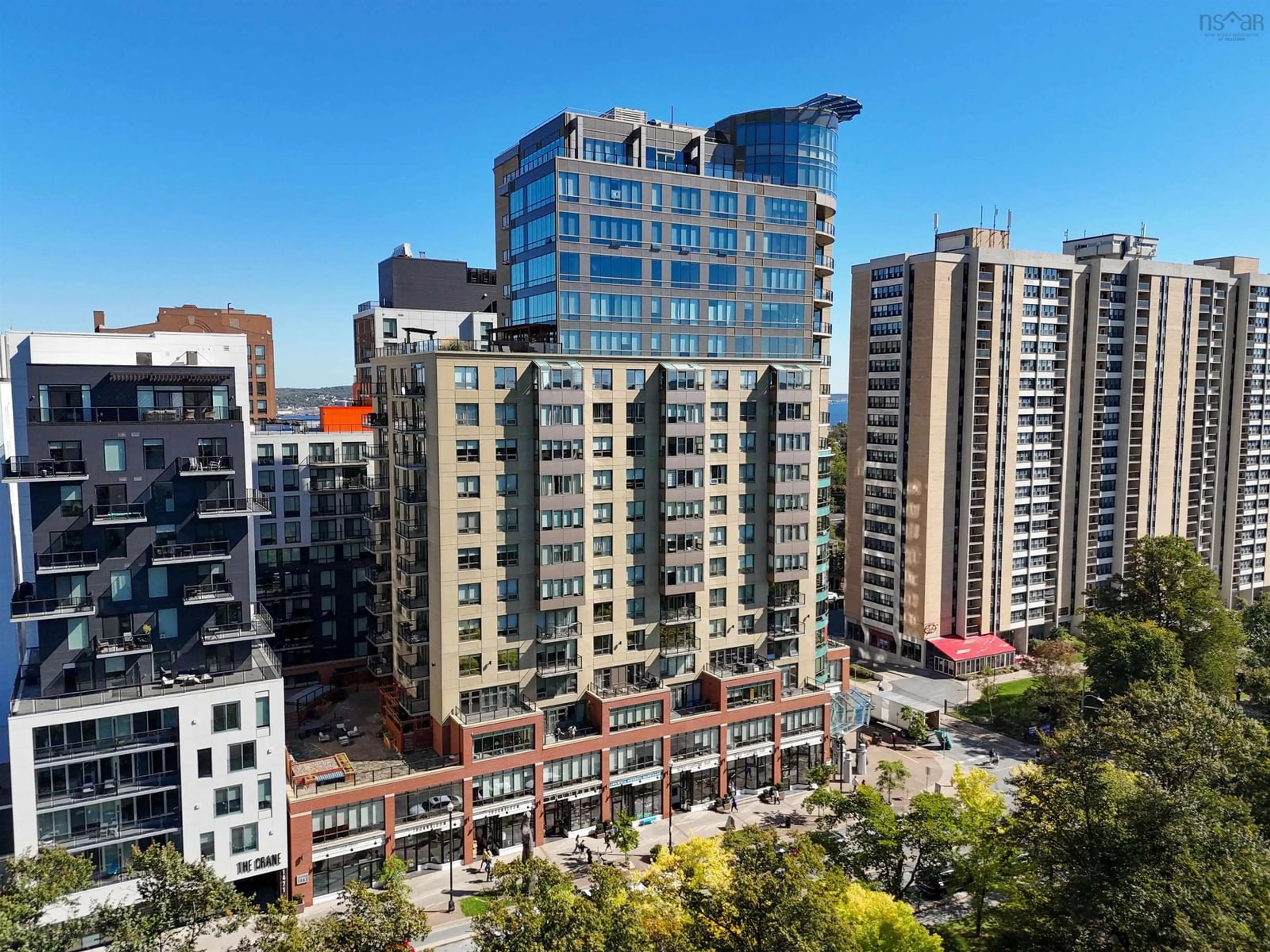 A pic from outside/outdoor area/front of a property/back of a property/a pic from drone, city buildings view from balcony for 705 1445 South Park St, Halifax Nova Scotia B3J 0B6