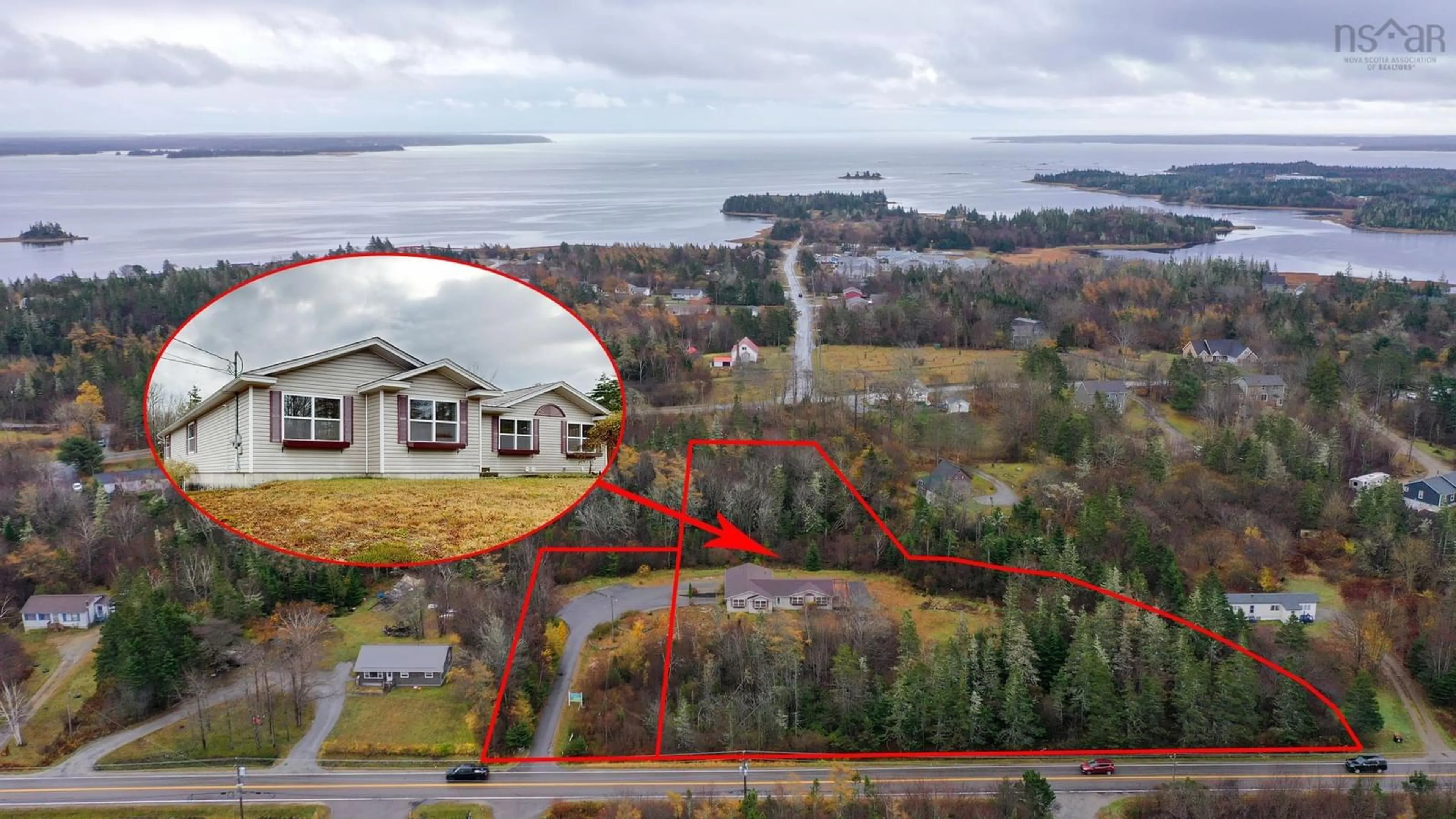 A pic from outside/outdoor area/front of a property/back of a property/a pic from drone, water/lake/river/ocean view for 2905 Highway 3, Brass Hill Nova Scotia B0W 1E0