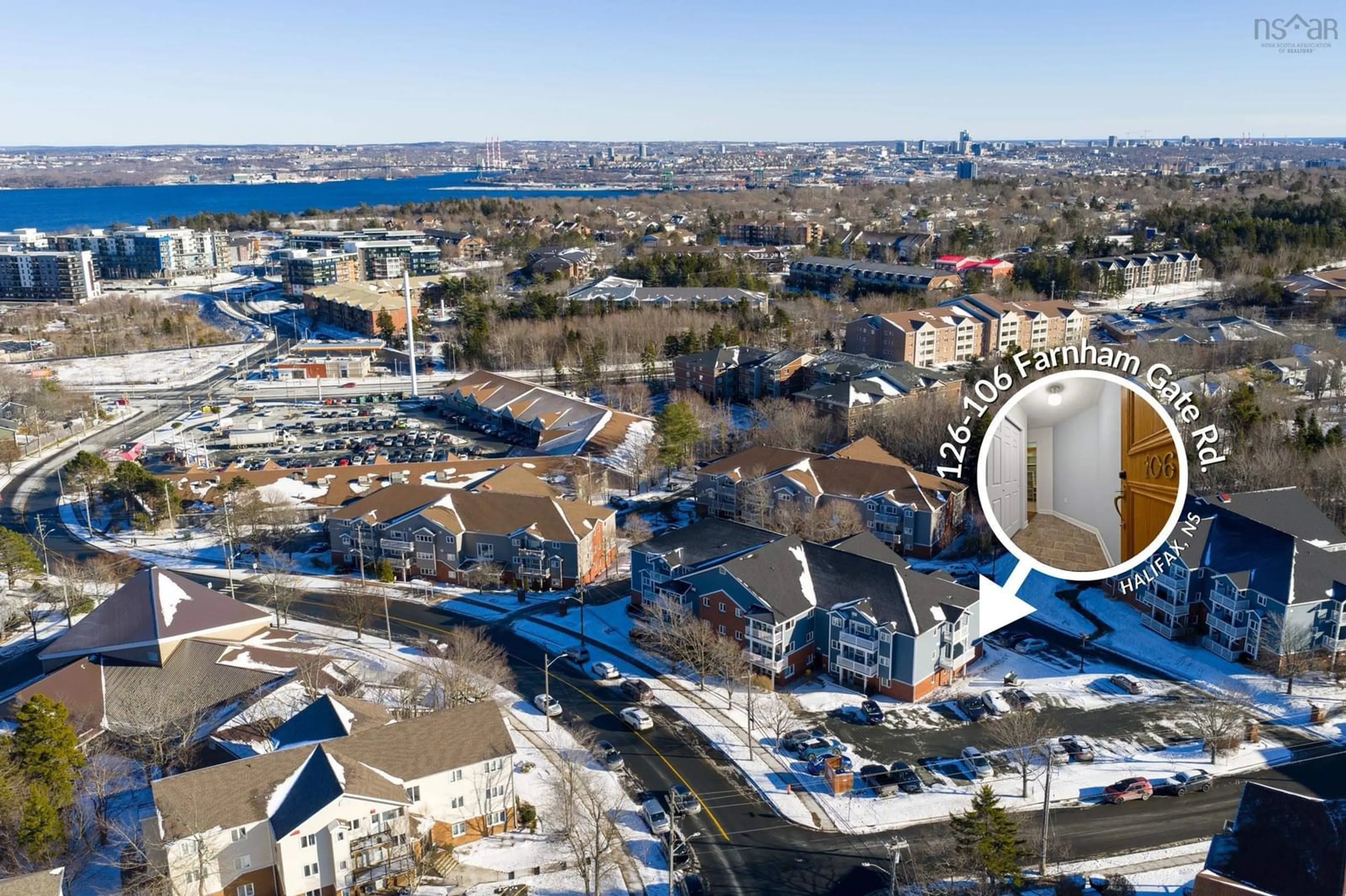 A pic from outside/outdoor area/front of a property/back of a property/a pic from drone, water/lake/river/ocean view for 126 Farnham Gate Rd #106, Halifax Nova Scotia B3M 3Z9