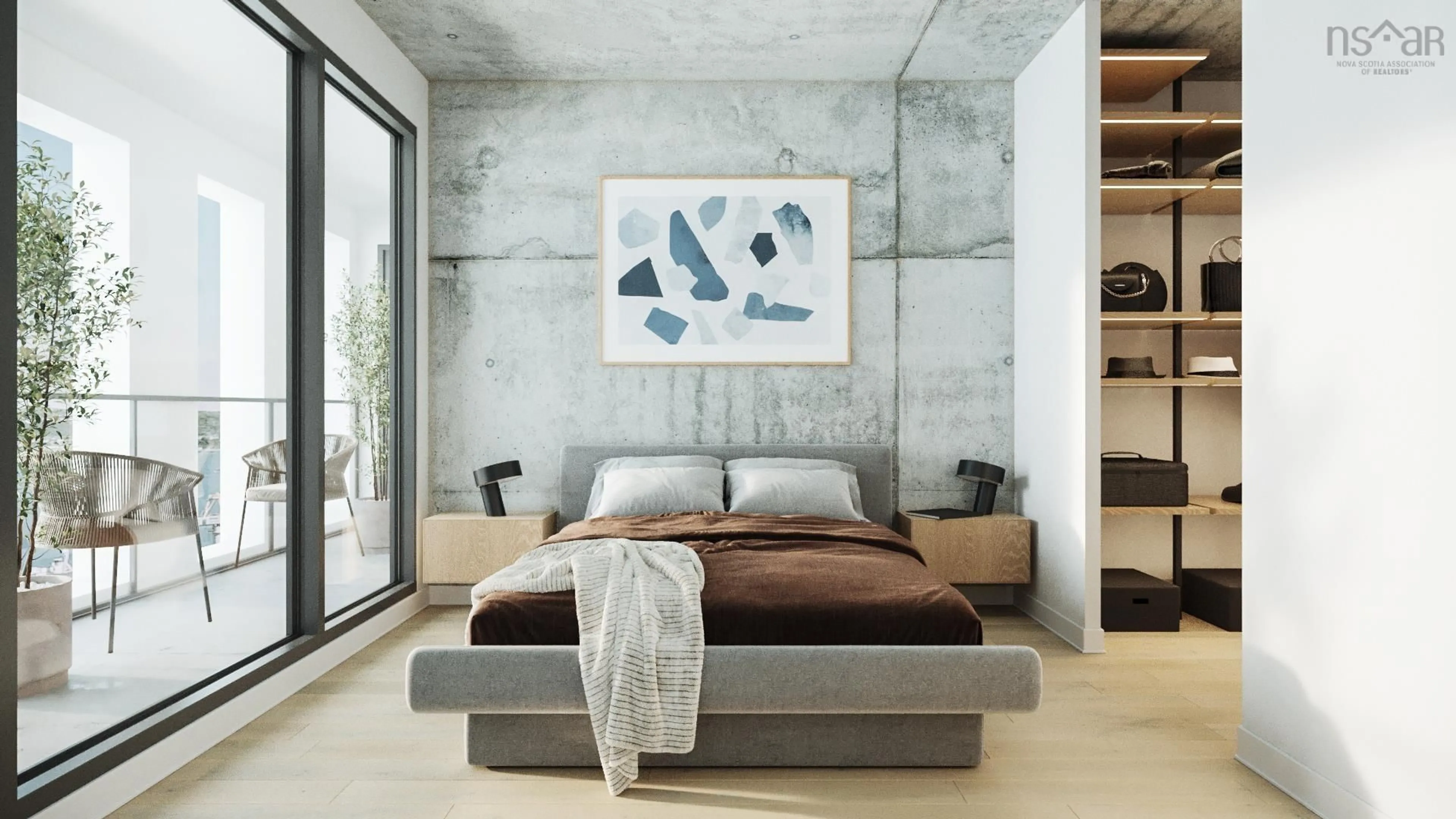 Bedroom with bed, cement floor for 2250 Maitland St #314, Halifax Nova Scotia B3K 2Z9