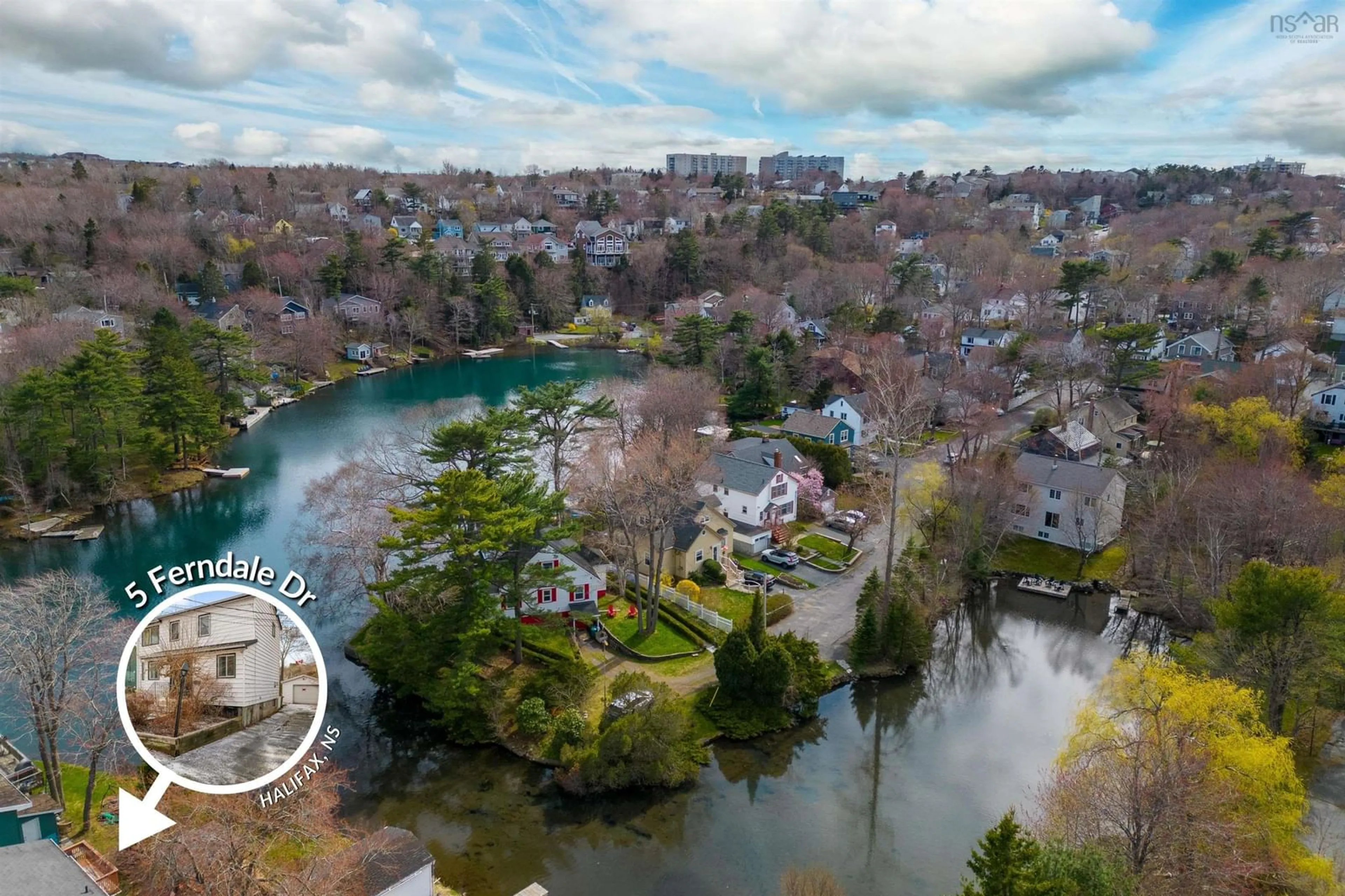 A pic from outside/outdoor area/front of a property/back of a property/a pic from drone, water/lake/river/ocean view for 5 Ferndale Dr, Halifax Nova Scotia B3N 1N7