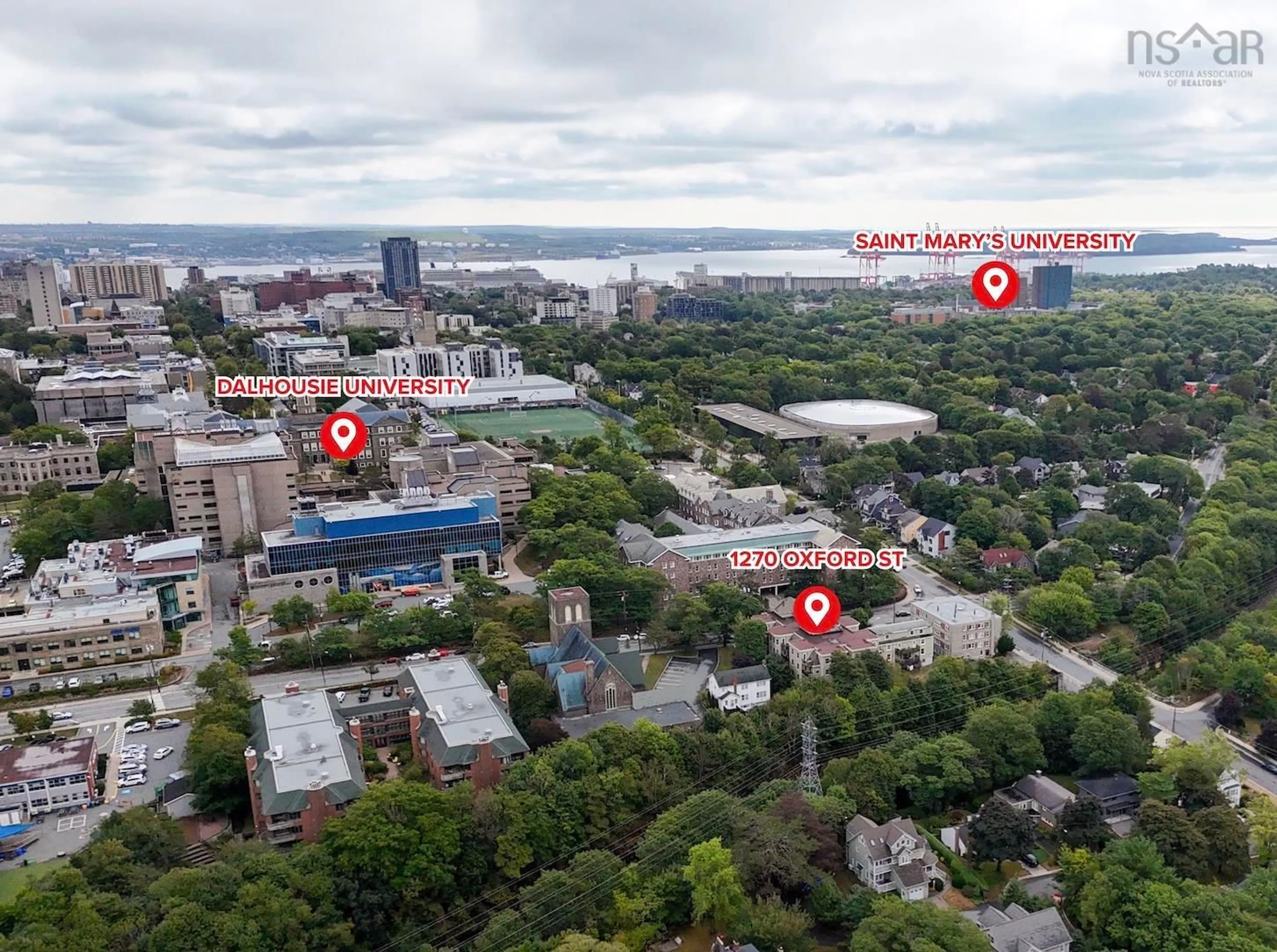 A pic from outside/outdoor area/front of a property/back of a property/a pic from drone, city buildings view from balcony for 1270 Oxford St #106, Halifax Nova Scotia B3H 3Y8
