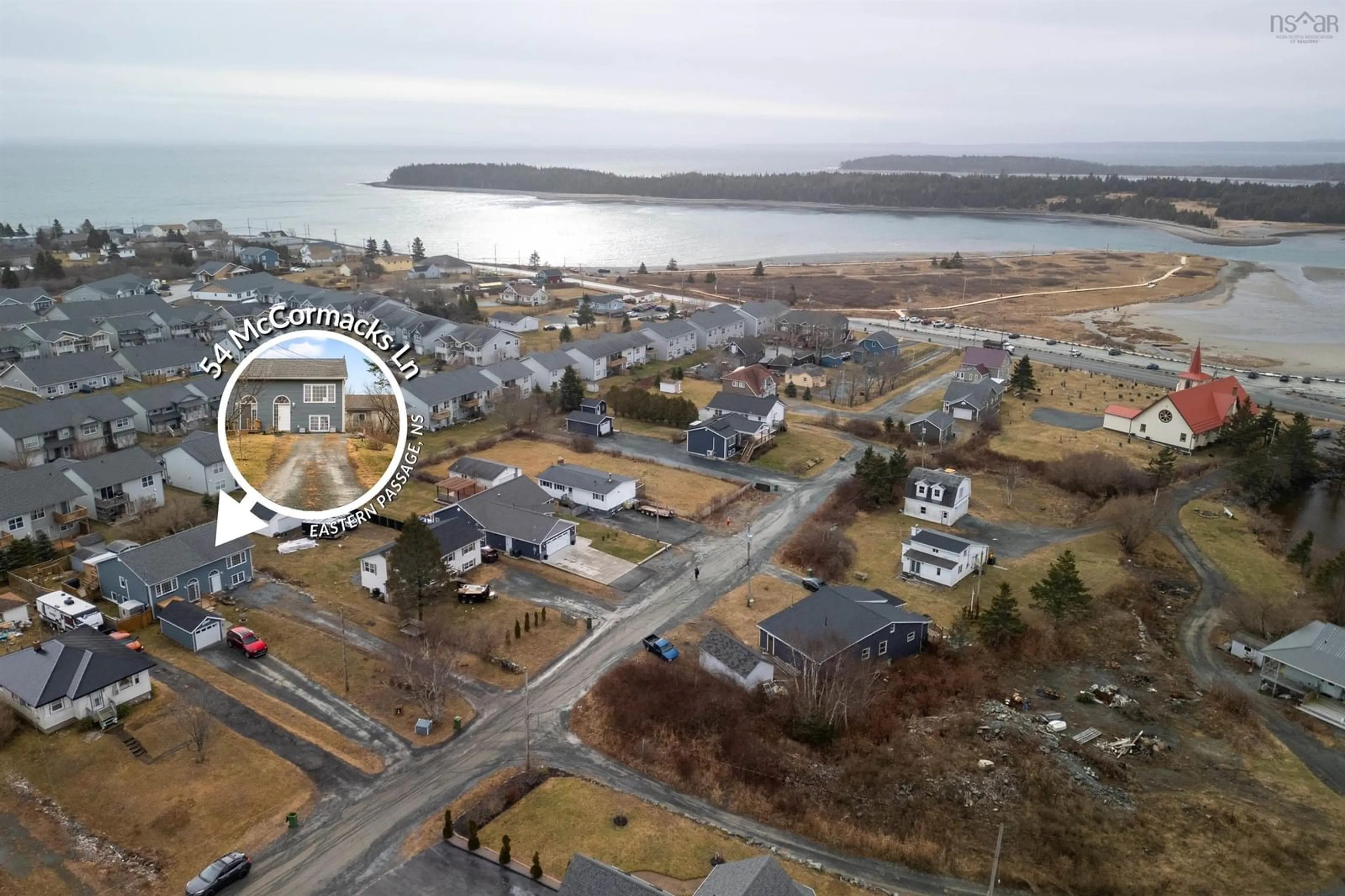 A pic from outside/outdoor area/front of a property/back of a property/a pic from drone, water/lake/river/ocean view for 54 Mccormacks Lane, Eastern Passage Nova Scotia B3G 1A3