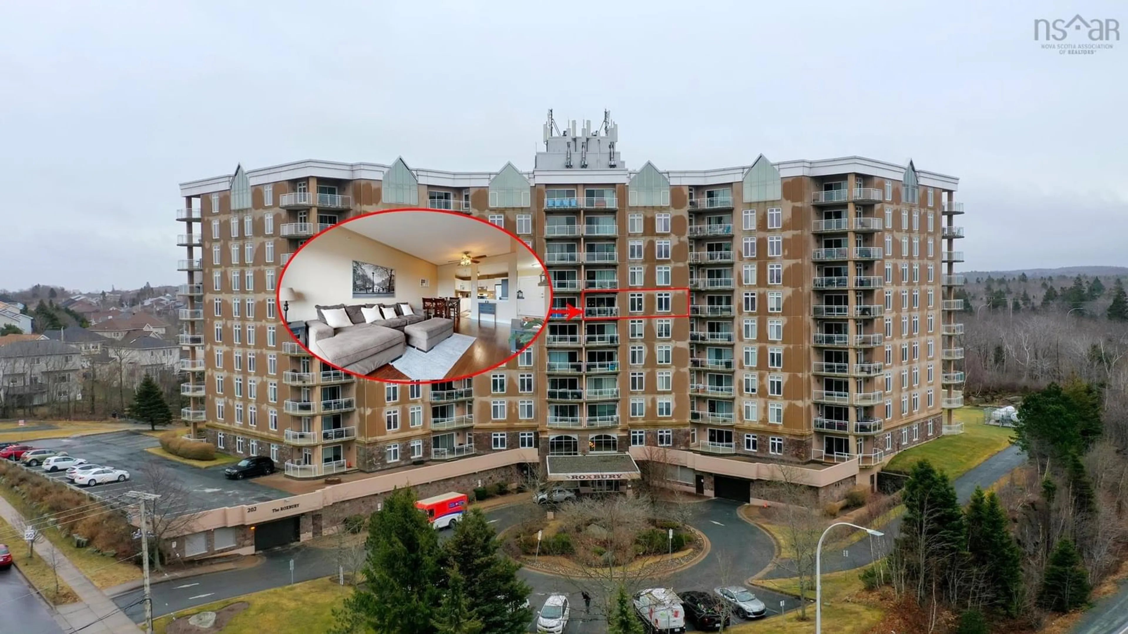 A pic from outside/outdoor area/front of a property/back of a property/a pic from drone, city buildings view from balcony for 202 Walter Havill Dr #607, Halifax Nova Scotia B3N 3M4