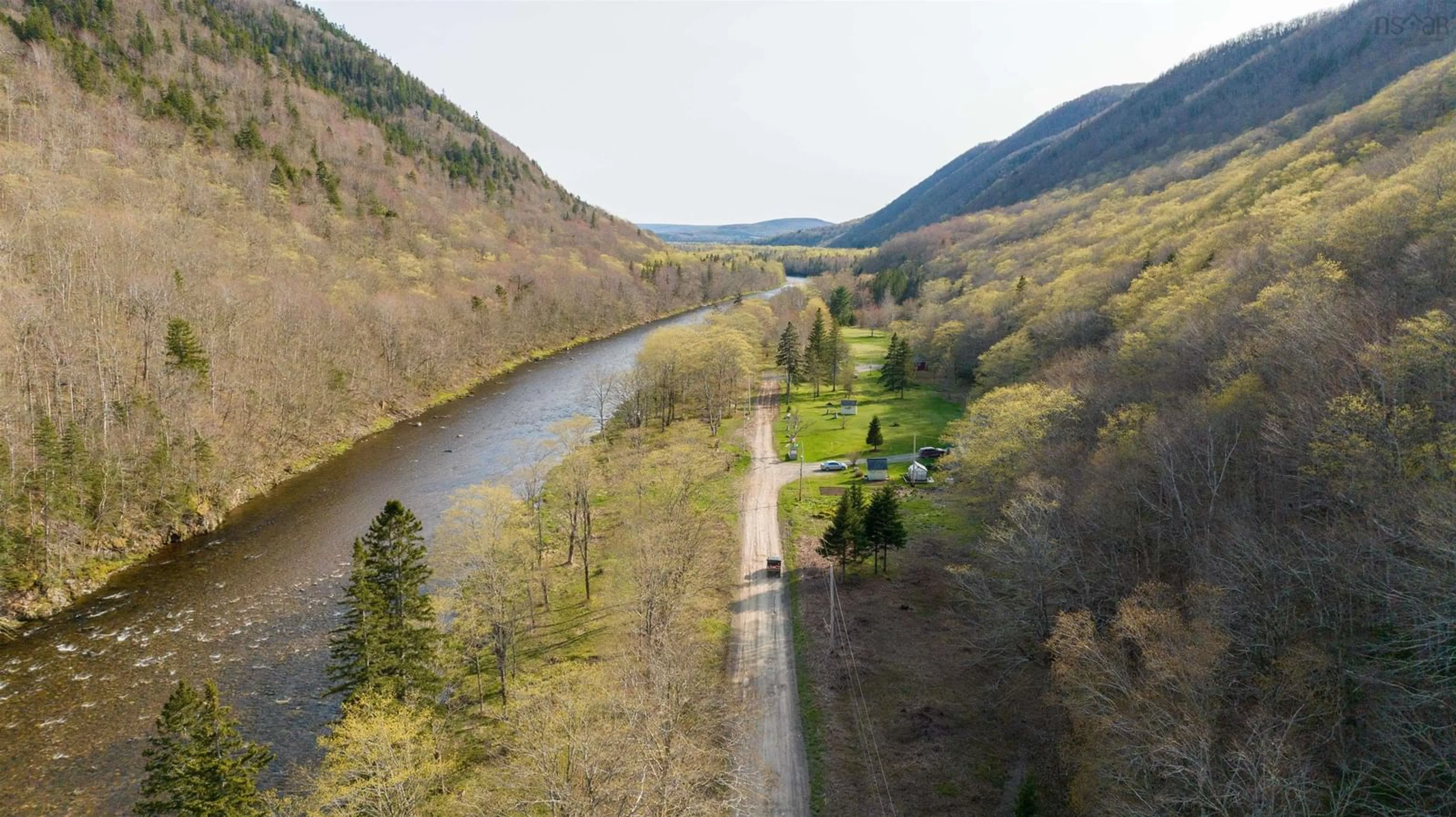 A pic from outside/outdoor area/front of a property/back of a property/a pic from drone, water/lake/river/ocean view for 3719 West Big Intervale Rd, Margaree Valley Nova Scotia B0E 2C0