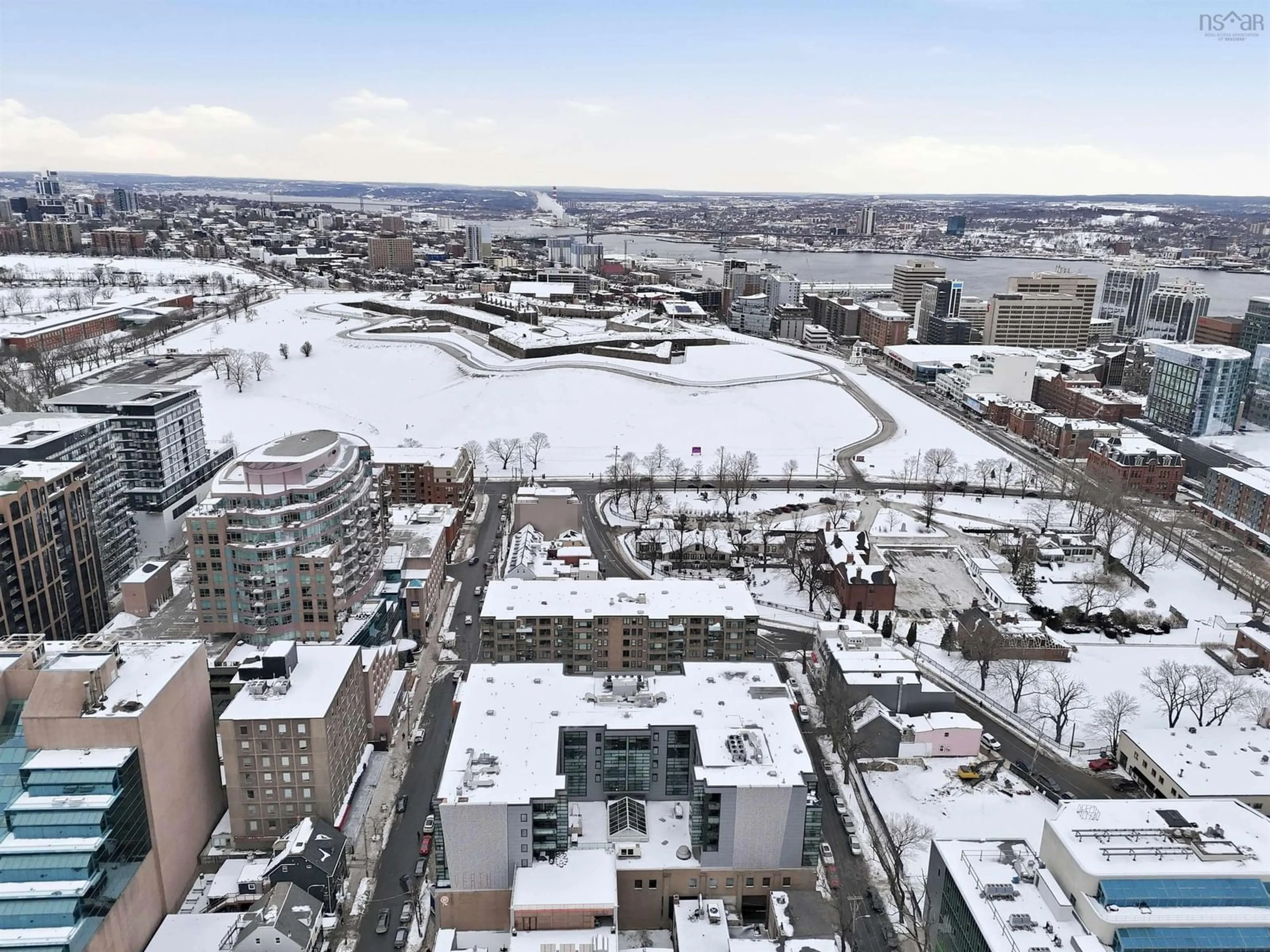 A pic from outside/outdoor area/front of a property/back of a property/a pic from drone, city buildings view from balcony for 5530 Artillery Pl #301, Halifax Nova Scotia B3J 1J3