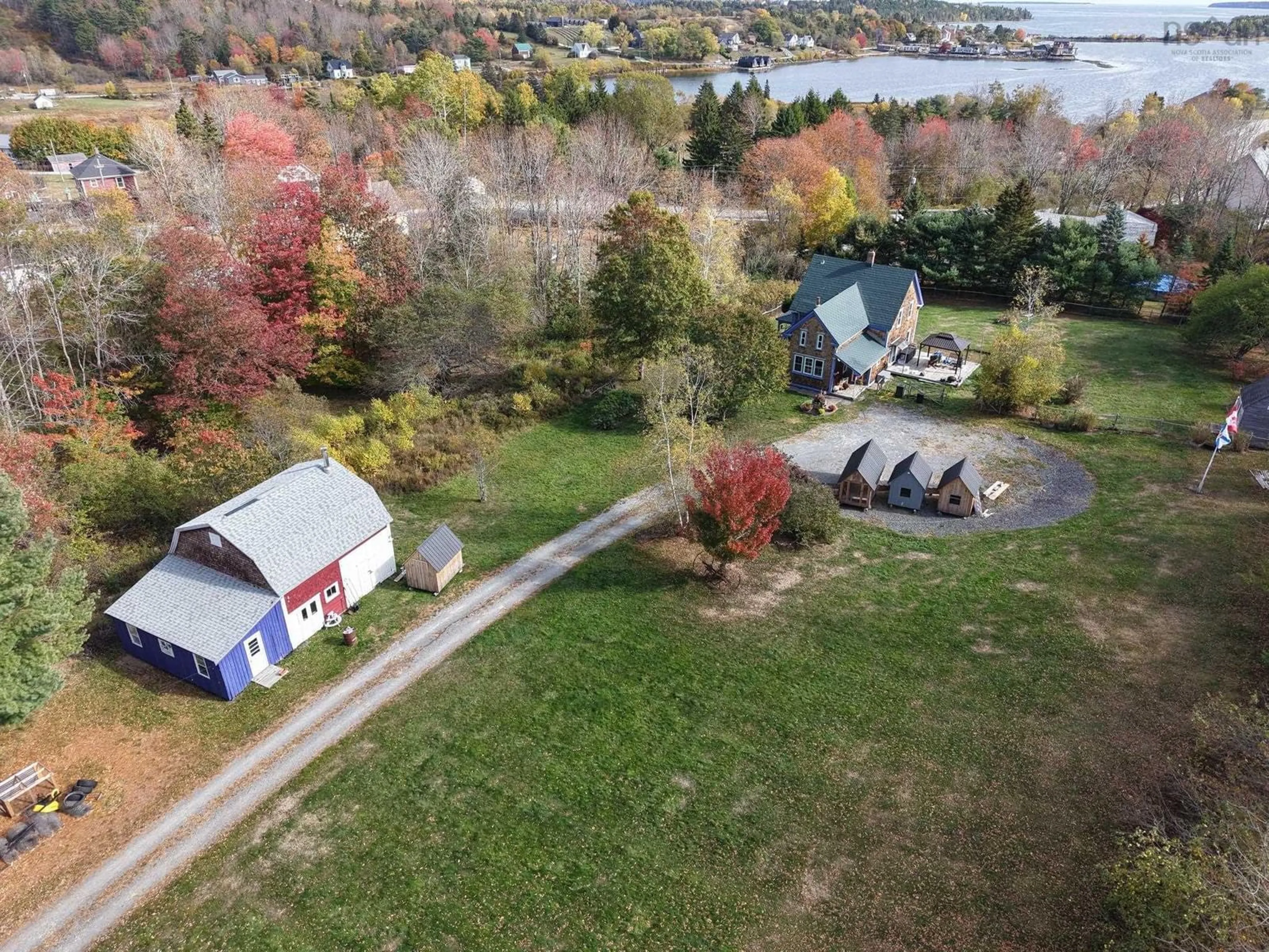 A pic from outside/outdoor area/front of a property/back of a property/a pic from drone, water/lake/river/ocean view for 43 Grimm Rd, First South Nova Scotia B0J 2C0