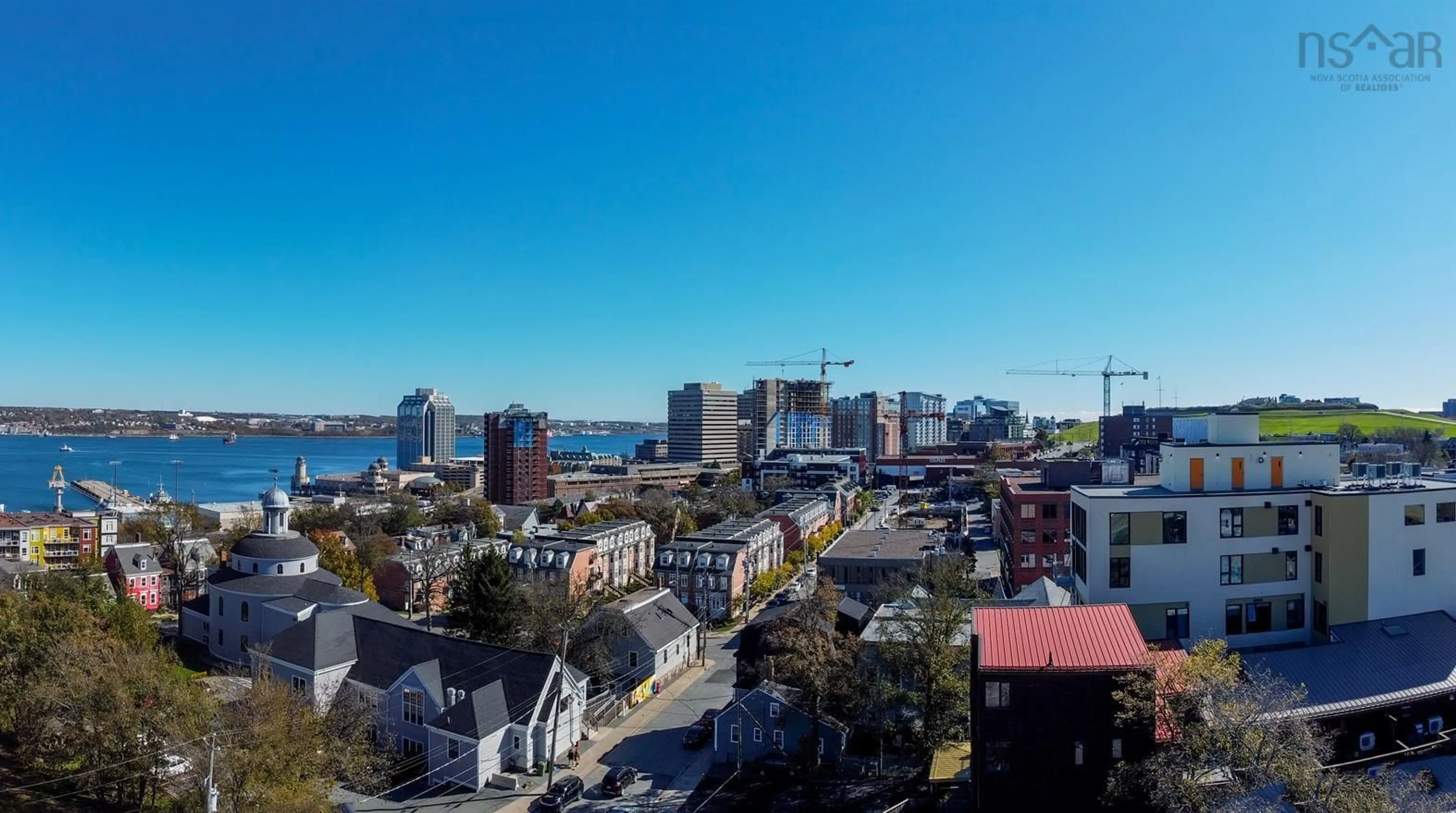 A pic from outside/outdoor area/front of a property/back of a property/a pic from drone, city buildings view from balcony for 2250 Maitland St #911, Halifax Nova Scotia B3K 2Z9