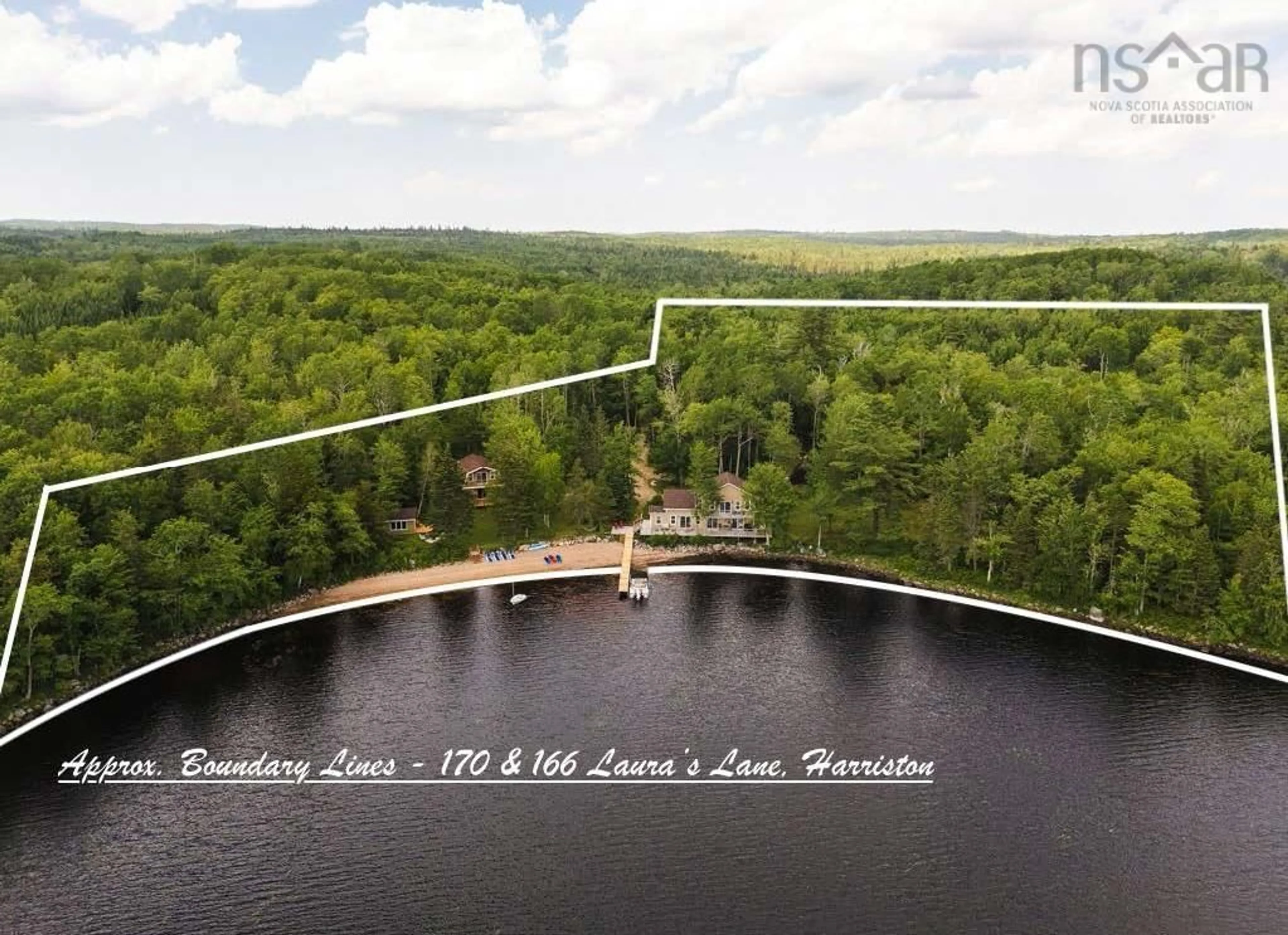 A pic from outside/outdoor area/front of a property/back of a property/a pic from drone, water/lake/river/ocean view for 170 & 166 Laura's Lane, Harriston Nova Scotia B0J 2M0