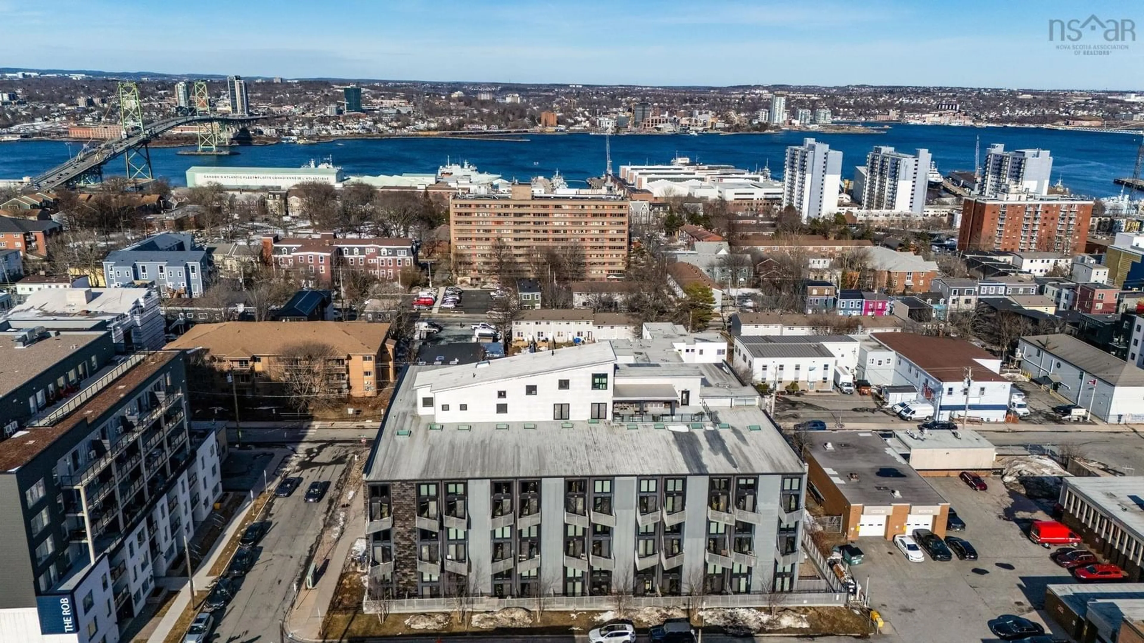 A pic from outside/outdoor area/front of a property/back of a property/a pic from drone, city buildings view from balcony for 5662 Roberts St #216, Halifax Nova Scotia B3K 0E3
