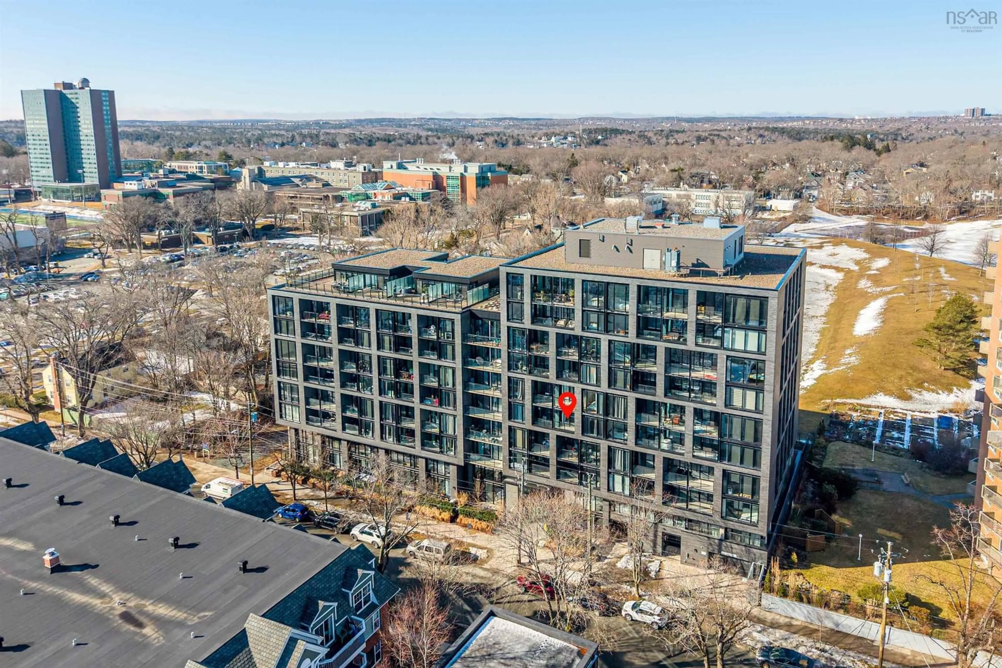 A pic from outside/outdoor area/front of a property/back of a property/a pic from drone, city buildings view from balcony for 1048 Wellington St #508, Halifax Nova Scotia B3H 0C2