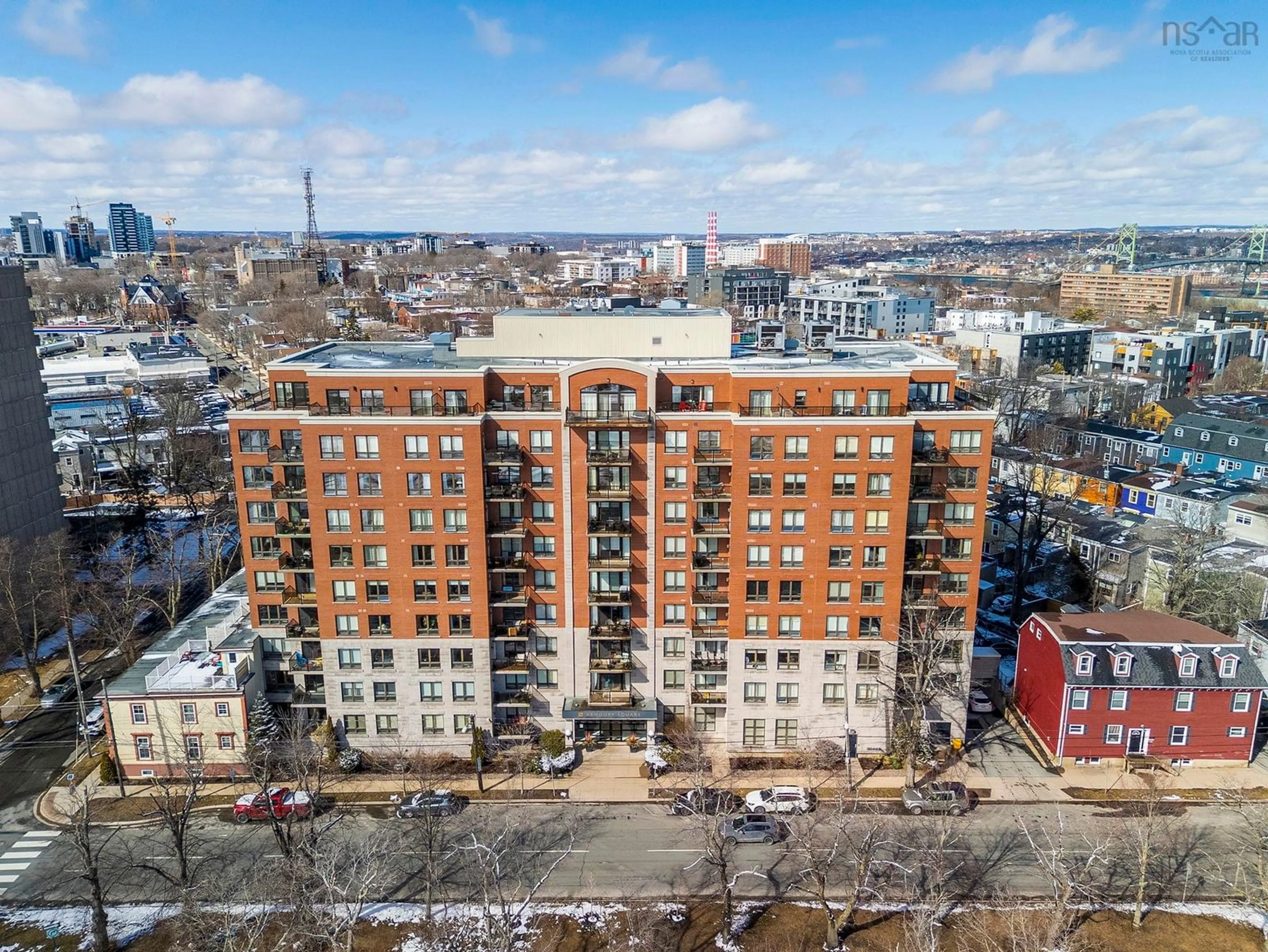 A pic from outside/outdoor area/front of a property/back of a property/a pic from drone, city buildings view from balcony for 5839 Cunard St #502, Halifax Nova Scotia B3K 0B9