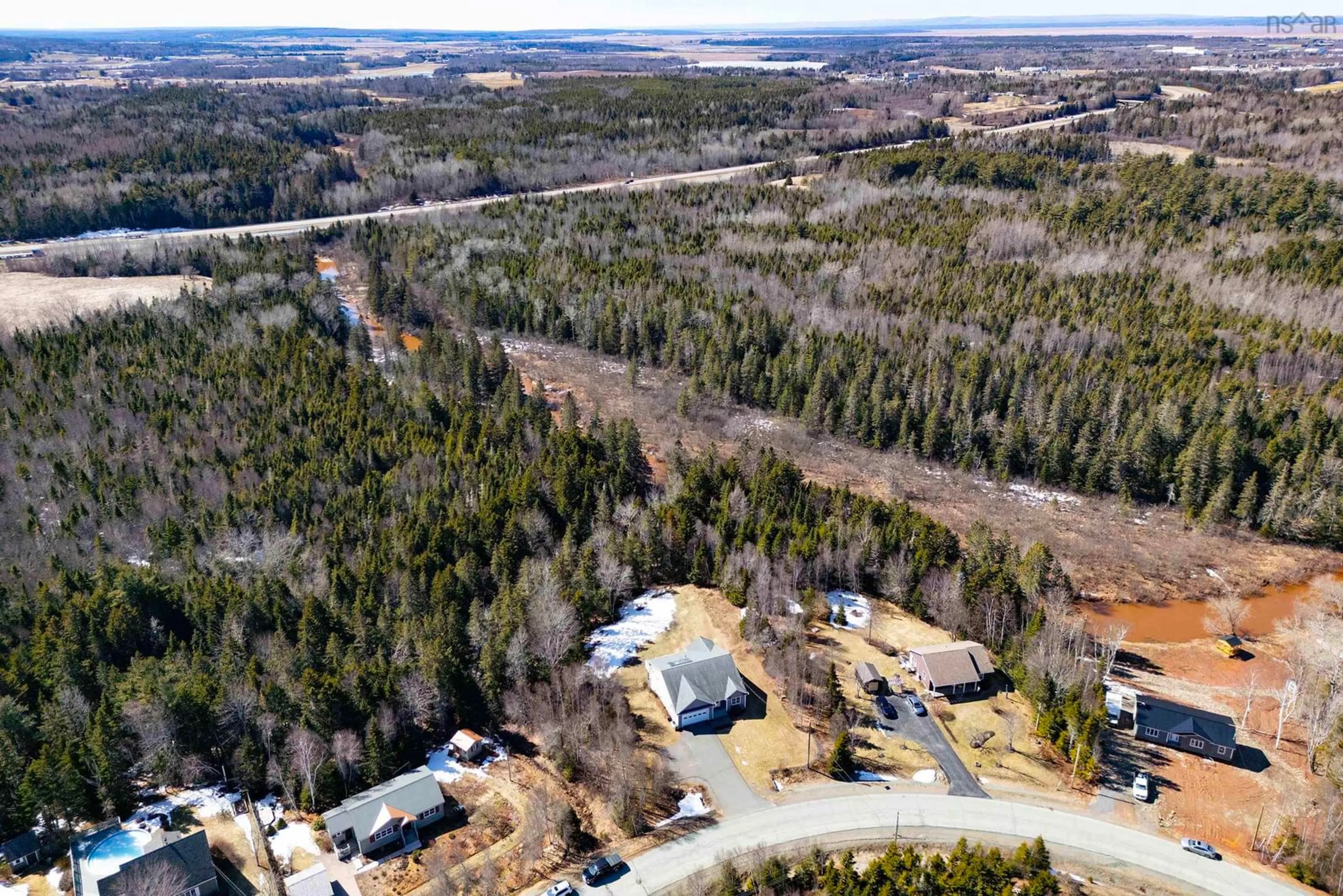 A pic from outside/outdoor area/front of a property/back of a property/a pic from drone, forest/trees view for 128 Riverbend Dr, Brookdale Nova Scotia B4H 3Y1
