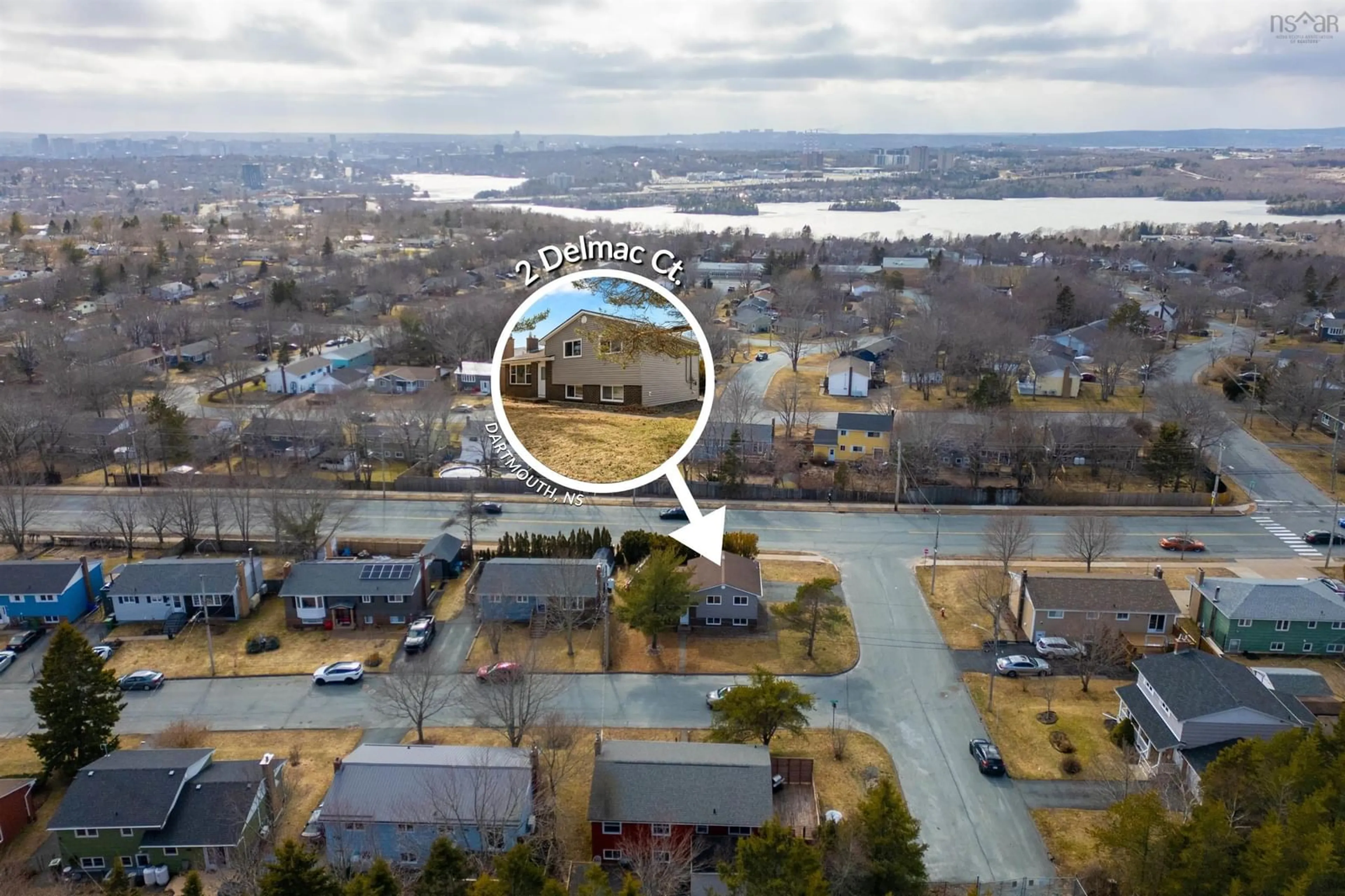 A pic from outside/outdoor area/front of a property/back of a property/a pic from drone, water/lake/river/ocean view for 2 Delmac Crt, Dartmouth Nova Scotia B2X 2T8