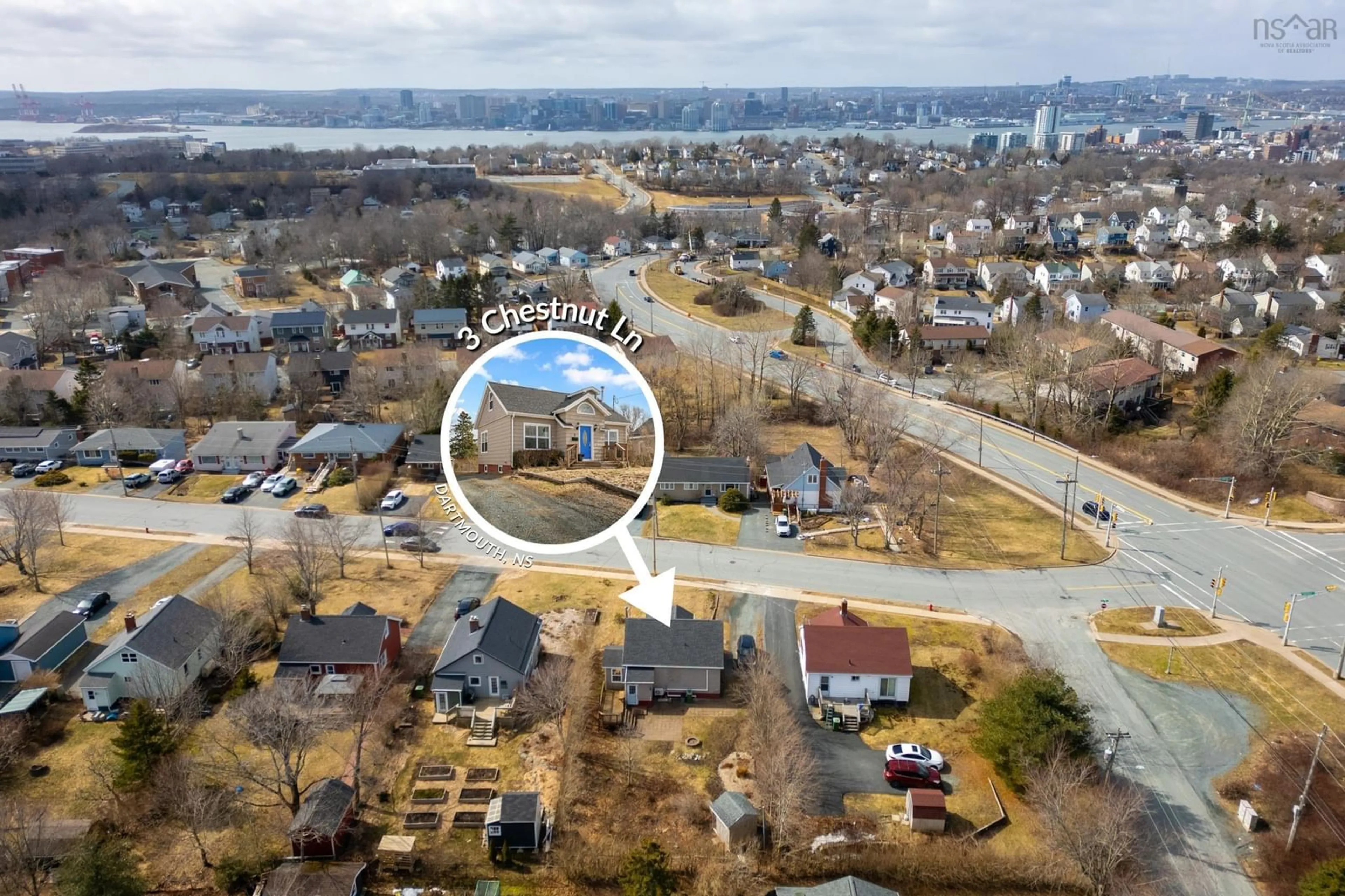 A pic from outside/outdoor area/front of a property/back of a property/a pic from drone, unknown for 3 Chestnut Lane, Dartmouth Nova Scotia B2Y 3X1