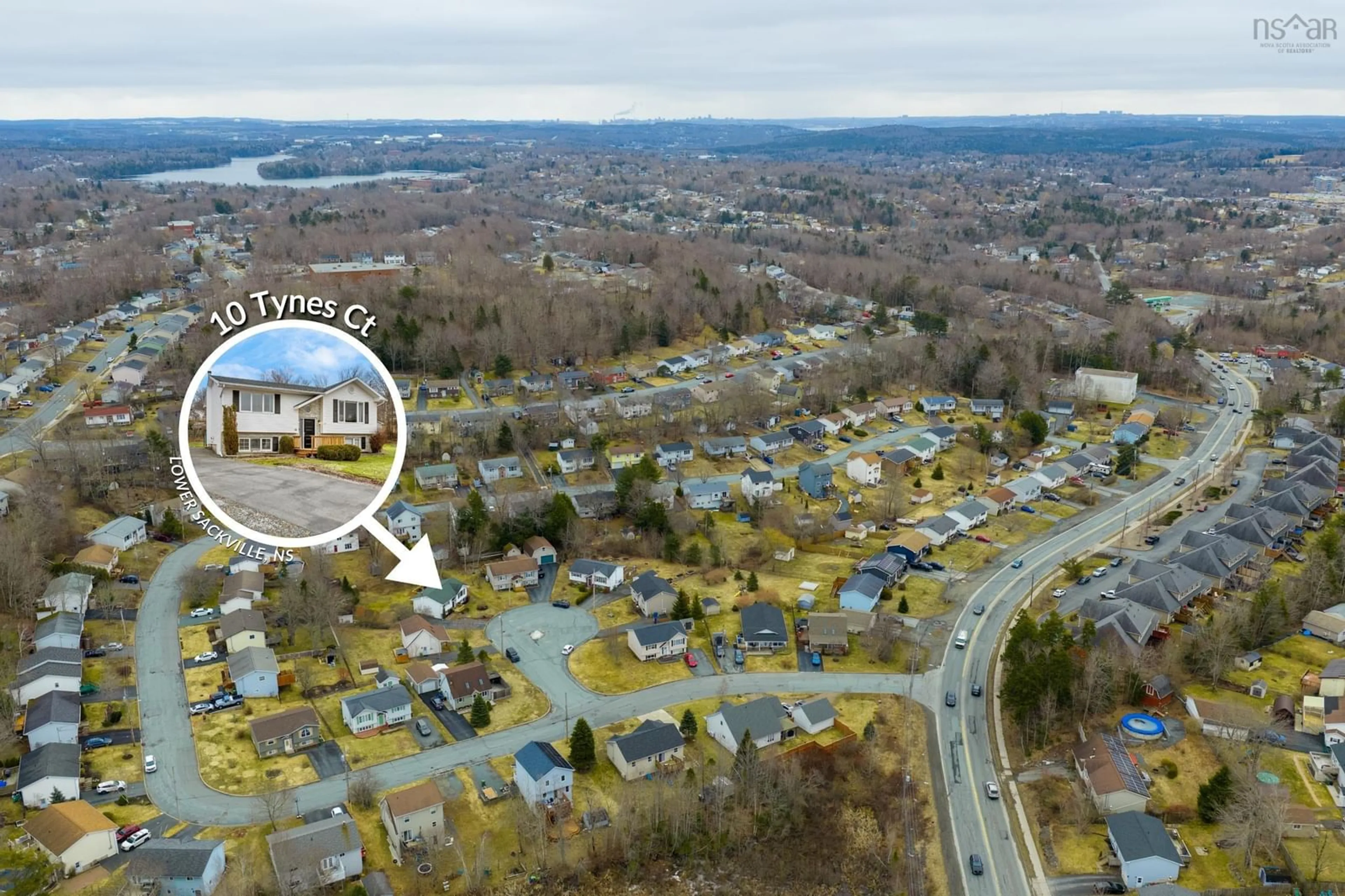 A pic from outside/outdoor area/front of a property/back of a property/a pic from drone, water/lake/river/ocean view for 10 Tynes Crt, Lower Sackville Nova Scotia B4C 3Y9