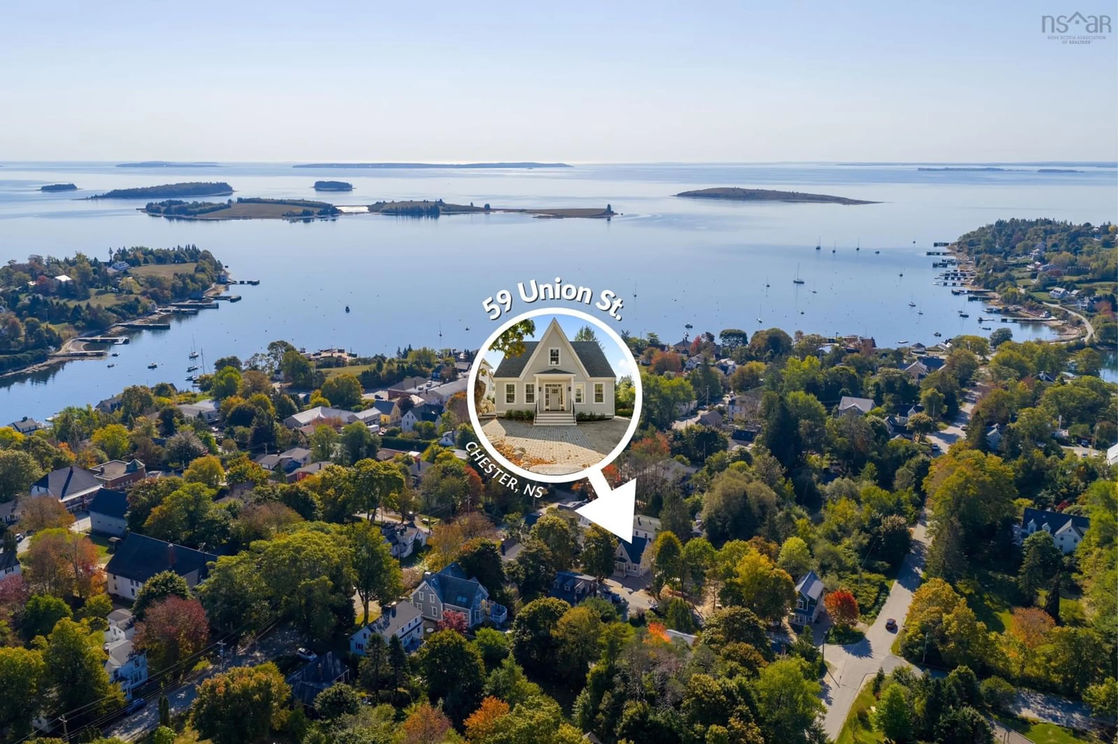 A pic from outside/outdoor area/front of a property/back of a property/a pic from drone, water/lake/river/ocean view for 59 Union St, Chester Nova Scotia B0J 1J0