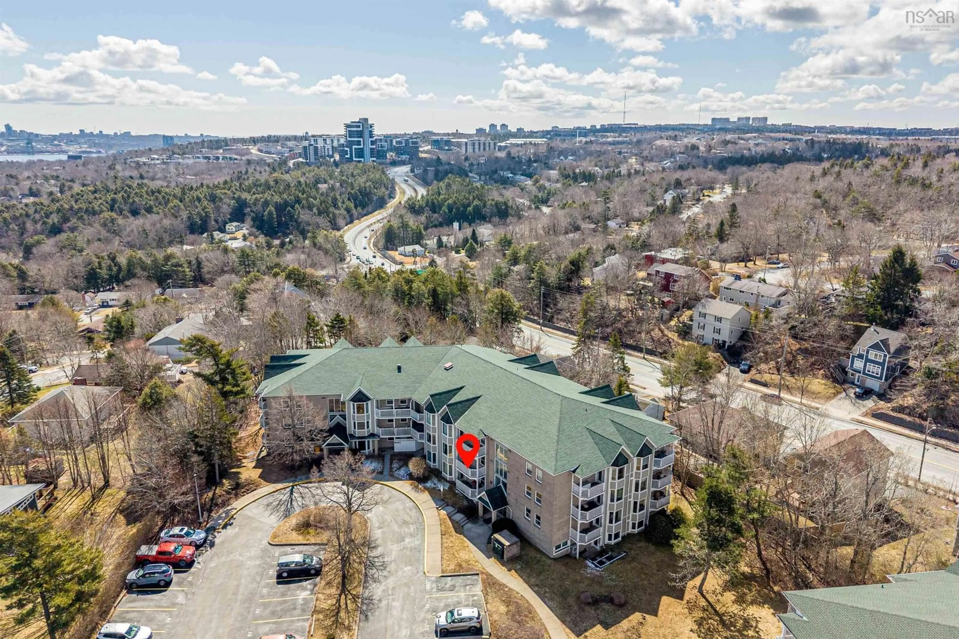 A pic from outside/outdoor area/front of a property/back of a property/a pic from drone, city buildings view from balcony for 87 Kearney Lake Rd #307, Halifax Nova Scotia B3M 4H1